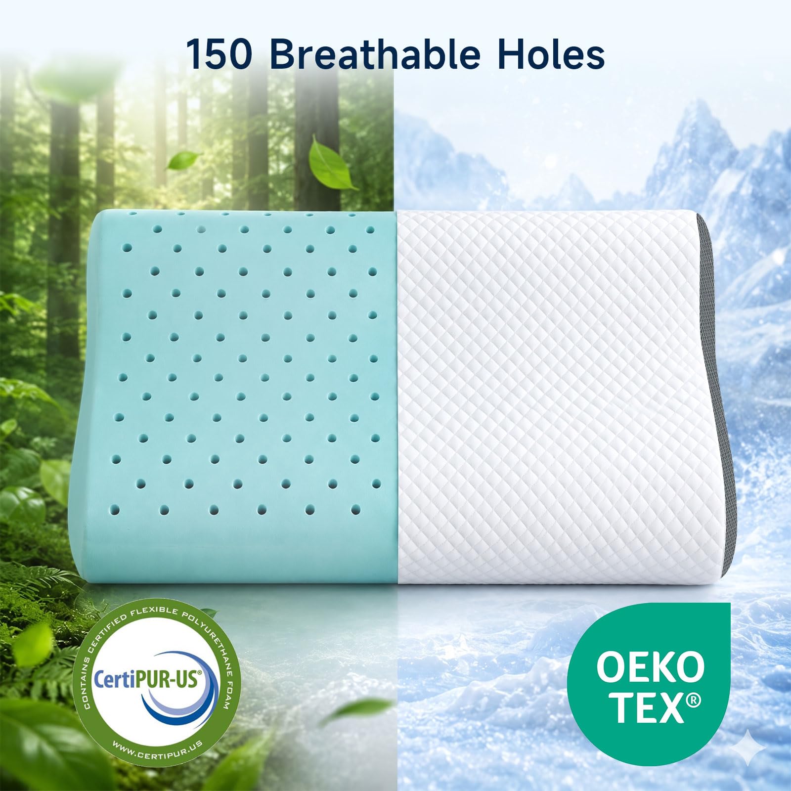 Cuscino cervicale in memory foam per supporto cervicale, cuscino ortopedico ergonomico per chi dorme sul lato posteriore, 150 fori traspiranti, certificazione Oeko-TEX e CertiPUR-US, 60 x 35 x