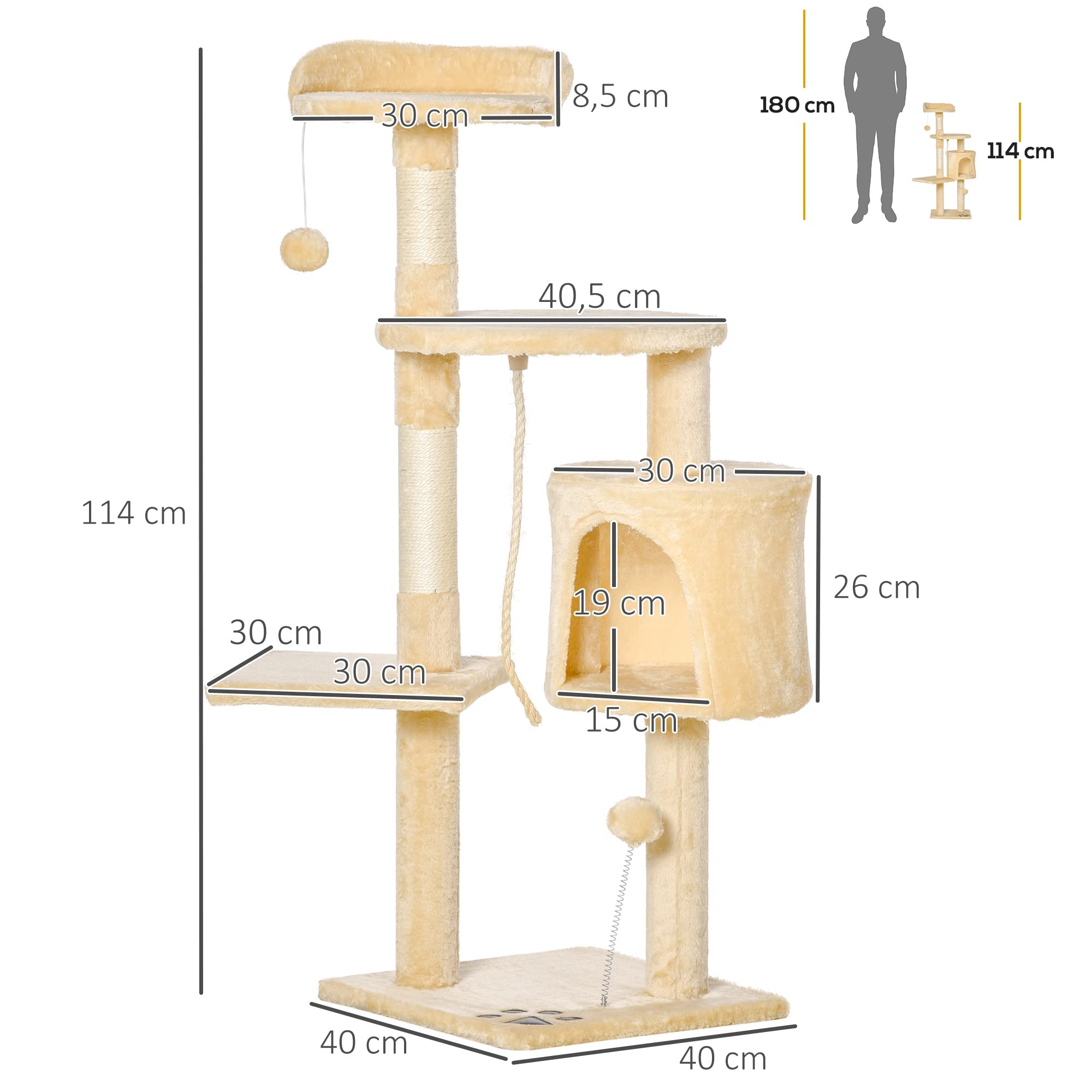 PawHut Arbre à Chats Multi-équipements griffoirs grattoirs Plateformes Niche Corde Jouets 40L x 40l x 114H cm Beige