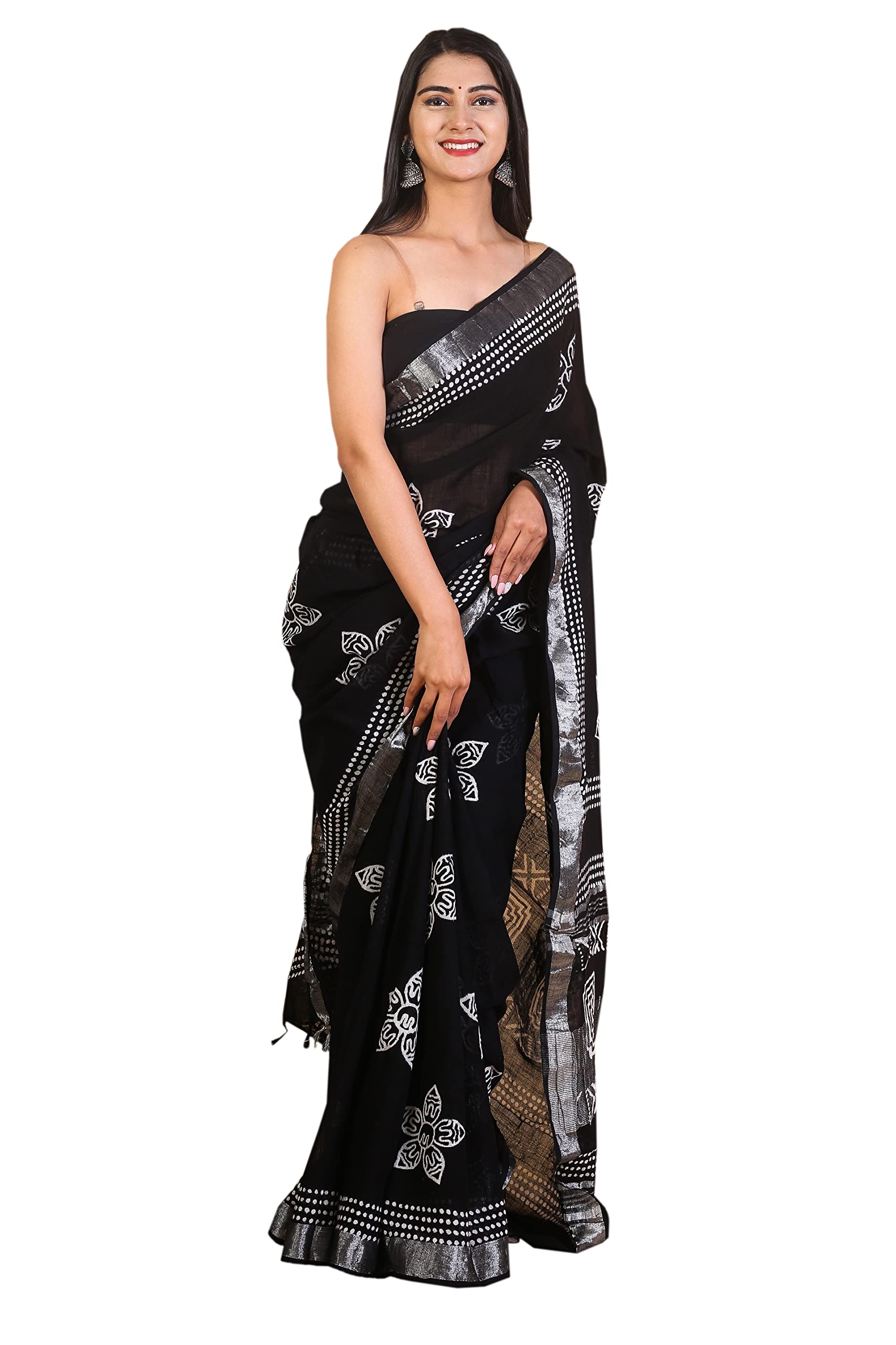 Women's Hand Block Kalamkari Batik Bagru Ikkat Indigo Ajrakh Jaipuri Sanganeri Printed Handloom Cotton Linen Saree With Matching Blouse piece (Black, White), Black 12, Free