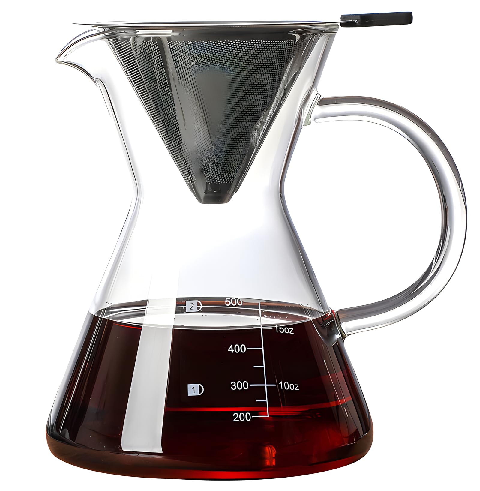 COFISUKI Pour Over Coffee Maker with Reusable Stainless Steel Drip Filter, Glass Drip Coffee Maker Set, Lead-Free Borosilicate Glass Coffee Carafe for 1-4Cup, Clear (500ml/17oz)