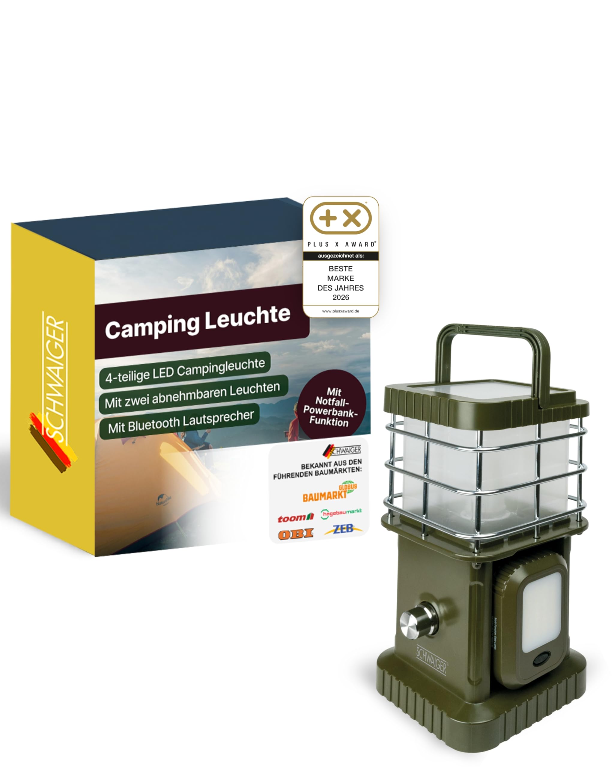SCHWAIGER LED Campingleuchte mit Bluetooth Lautsprecher I Campinglampe mit 2 Zusatzleuchten & Powerbank-Funktion I dimmbares Campinglicht 400 lm I multifunktionale Outdoor Lampe