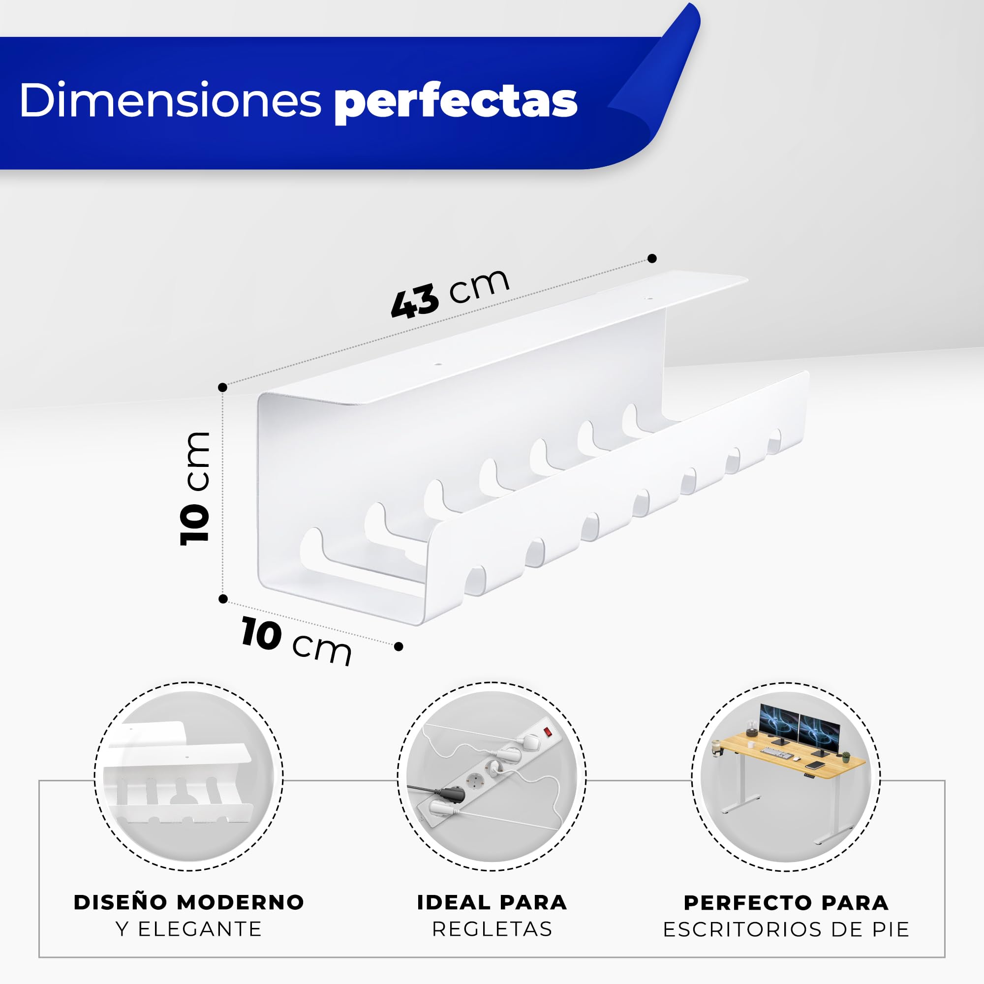 HOMEPROTEK Organizador Cables Escritorio para Organiza Cables - x2 Bandeja Cables Escritorio Blanco para Esconder Cables en tu Oficina o en tu Casa - Cable Organizer for Desk Cable Management