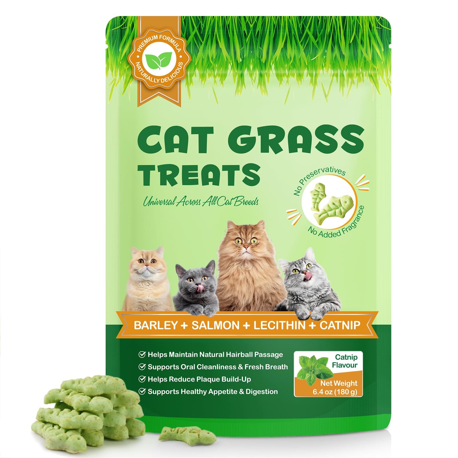 JSBNQRMZ 180g Katzengras Kekse mit Katzenminze und Lachs, Natürliche Snacks für Katzen zur Haarknäuel Entfernung und Zahnpflege, Ohne künstliche Aromen und Konservierungsstoffe