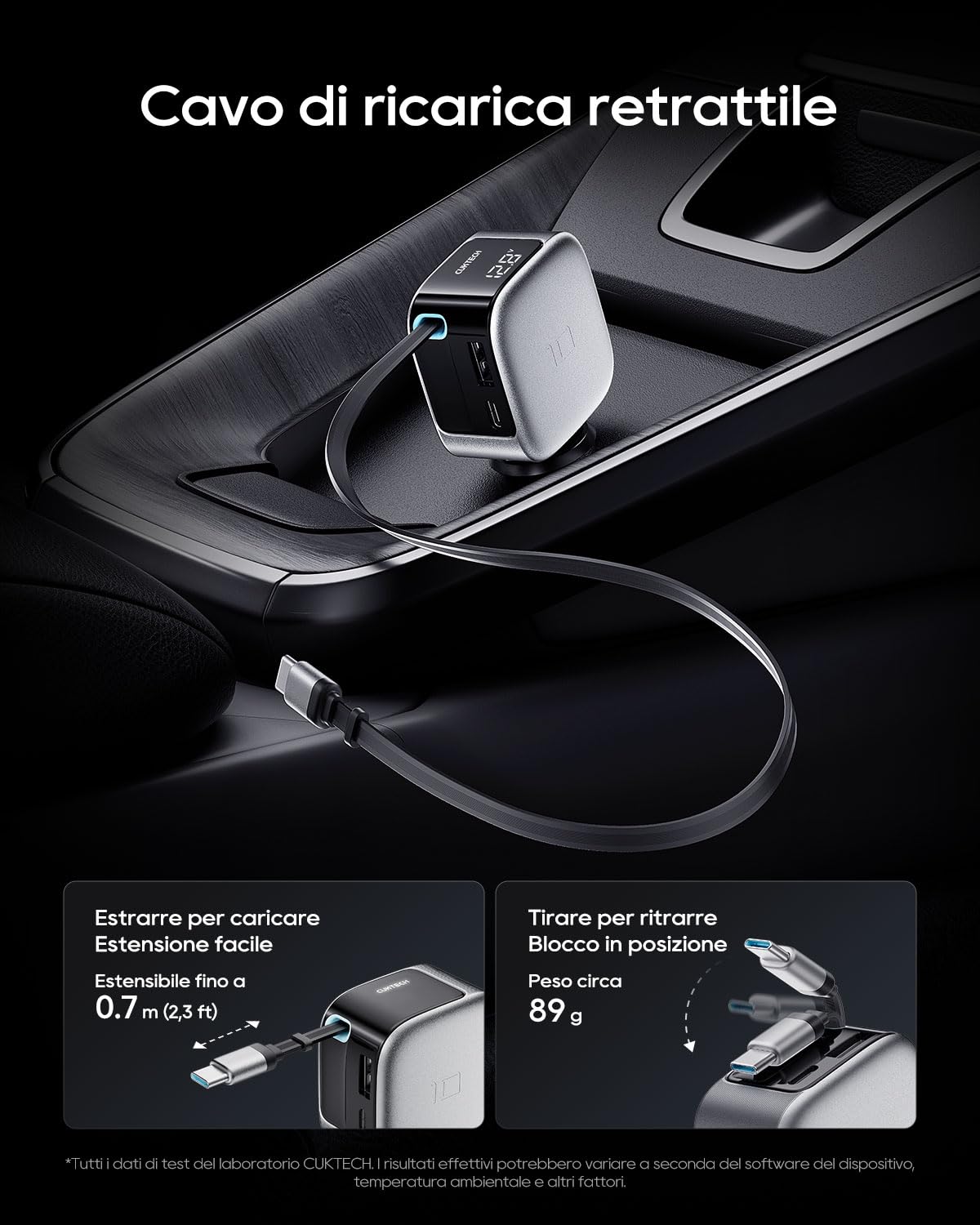 CUKTECH 85W Retrattile Caricatore Auto, Caricabatteria Accendisigari USB C 3 Porta (2C1A) Ricarica Rapida Compatibile con iPhone 17 Pro Max Air/iPhone 16/15/14, Galaxy S25/24, MacBook, iPad Pro