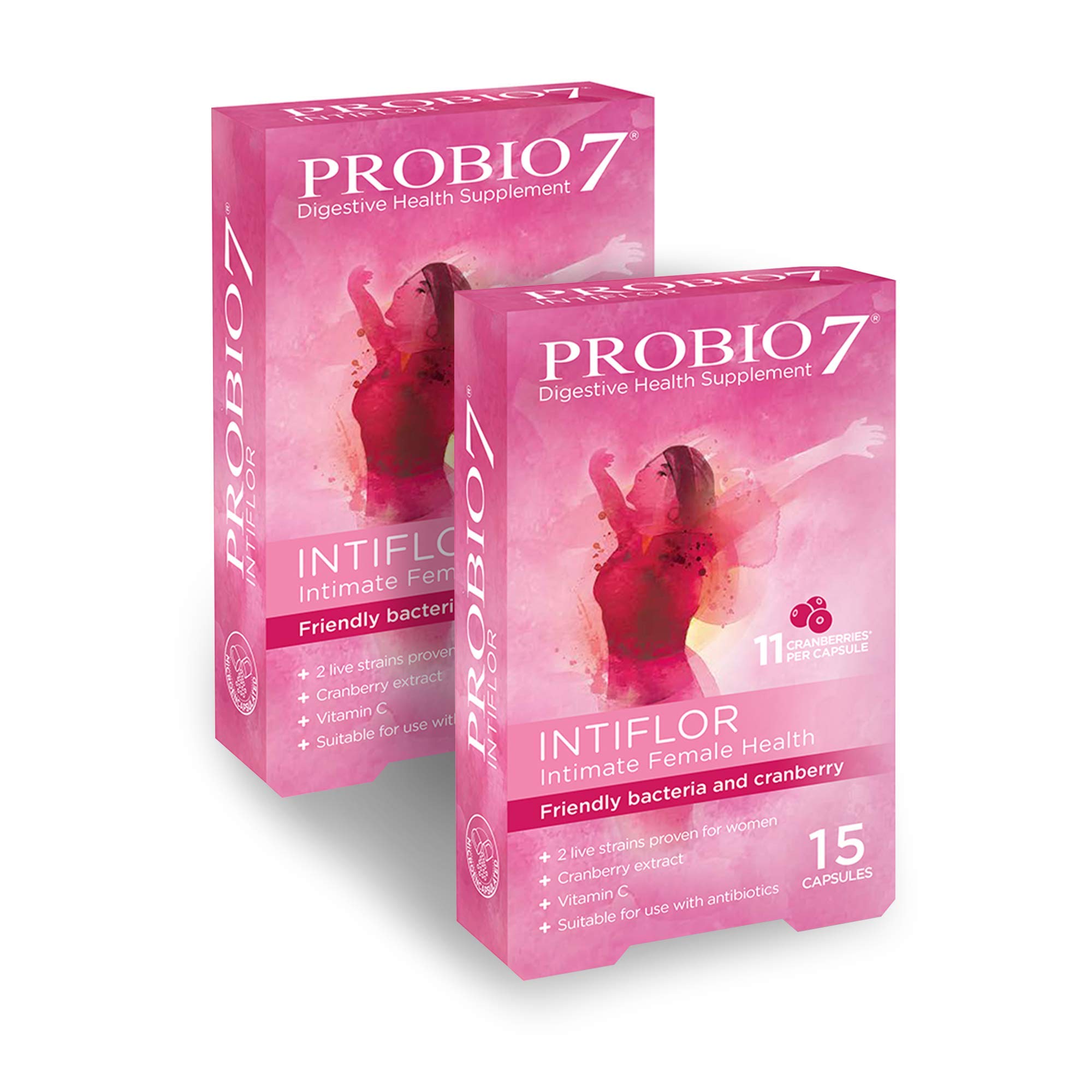 Probio7 Intiflor | Friendly Bacteria with Cranberry Extract | for Intimate Female Health | 2 Clinically Proven Live Strains | Pack of 2 (30 Capsules)
