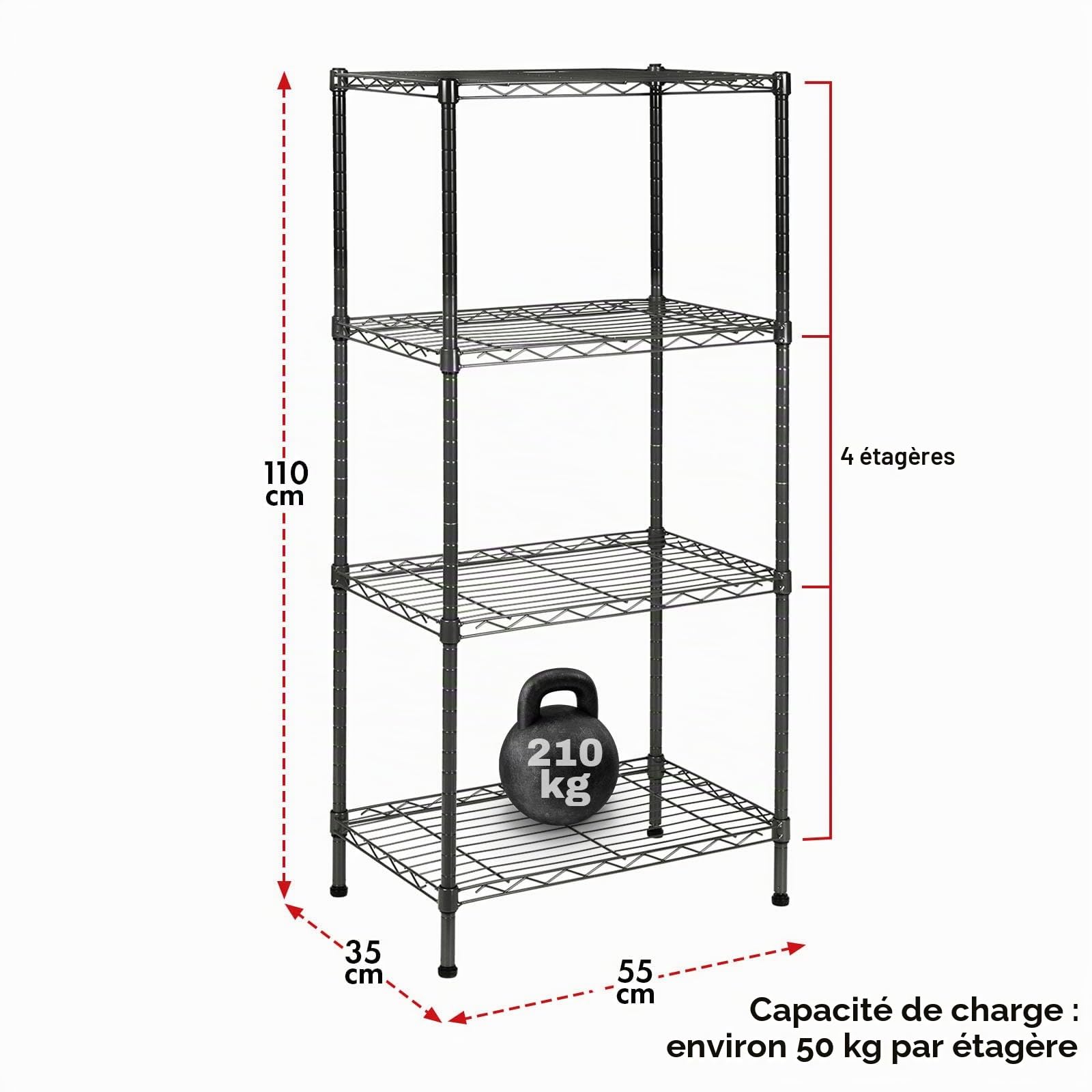 Floordirekt Unité de rangement 55 x 35 x 140 cm avec 5 étagères, étagères réglables en hauteur et pieds de nivellement, poids max 640 kg (noir Rocky Black)