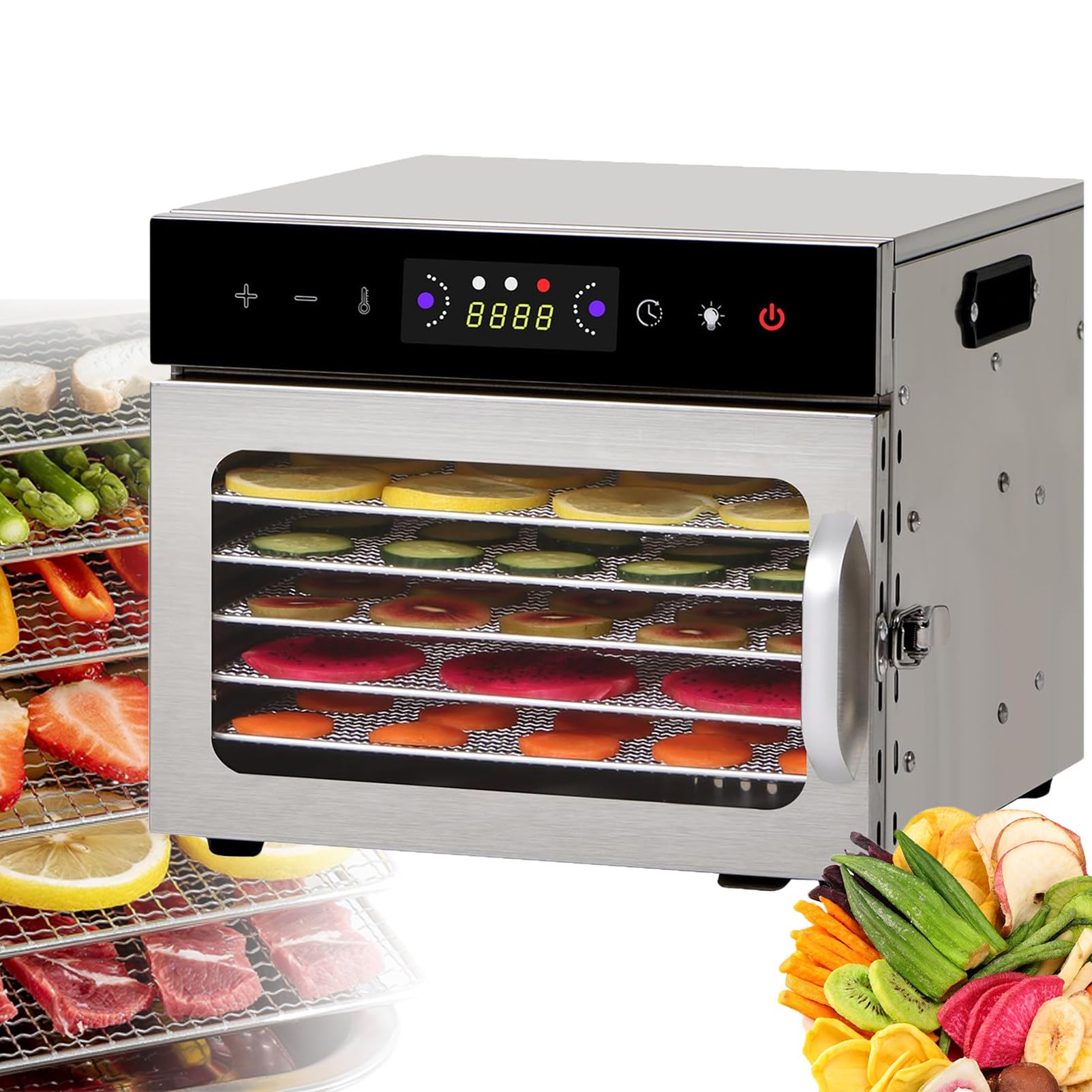 Essiccatore Per Alimenti A 6/8/12/18 Vassoi, Essiccatore Per Frutta In Acciaio Inox, Essiccatore Per Carne Con Vassoi Rimovibili, Controllo Della Temperatura Da 30℃ A 90℃, Timer 24 Ore,6-Tray