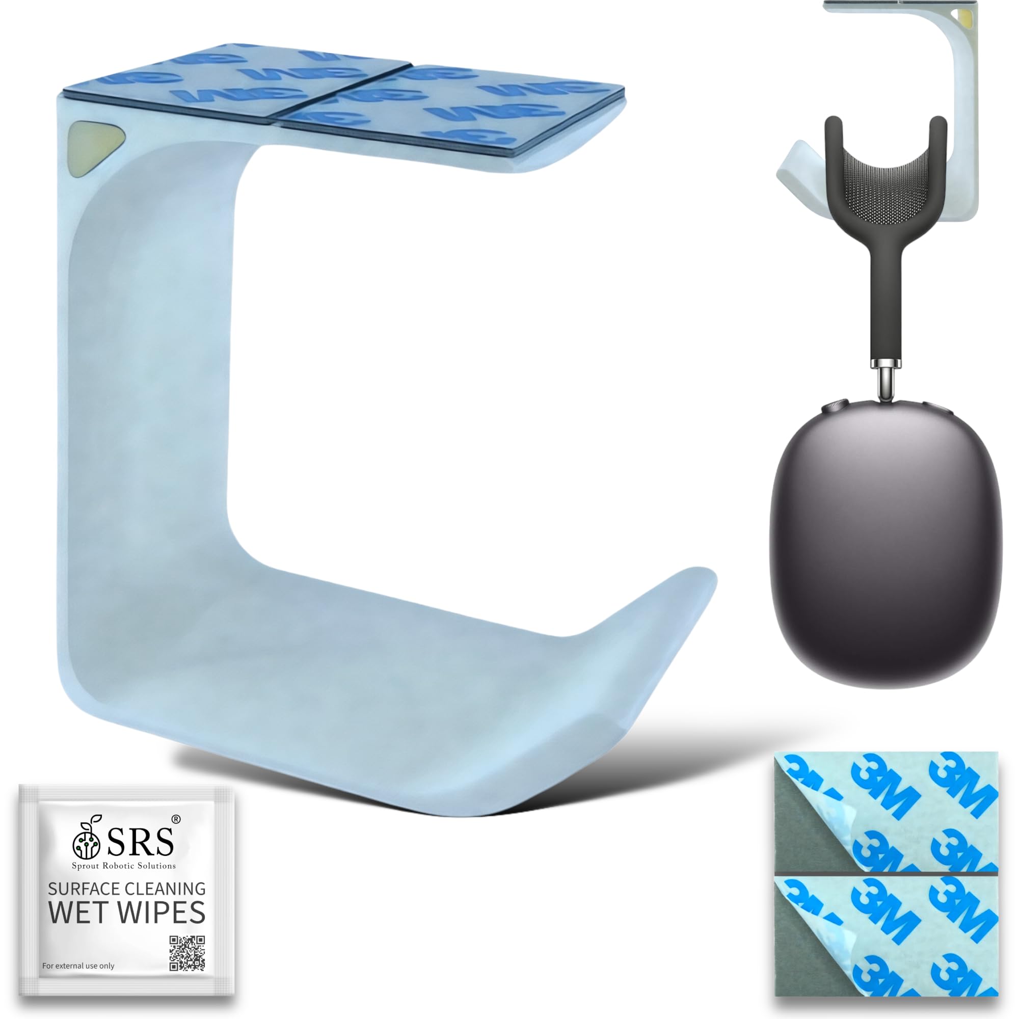 SRS® Headphone Stand Holder | Under Desk Hook & Cable Organizer | Stick-On Adhesive | Superior-Grade ABS | Includes Surface Cleaning Wipes for Easy Setup & Organization (White, Pack of 1)