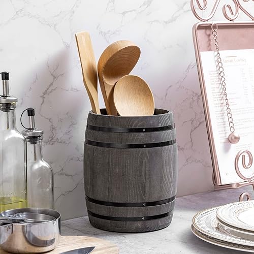 Miniatura 4 de MyGift Soporte para Utensilios de Cocina con Diseño de Barril de Vino, Portaherramientas de Cocina de Madera Maciza Gris Vintage