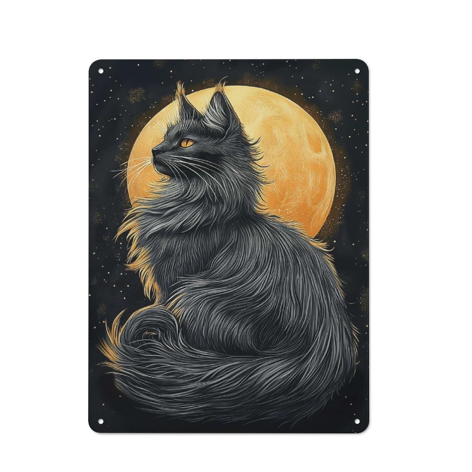 Junmoney Style-12 Maine Coon Cat Under Full Moon Vintage Metal Wall Sign 40X30cm For Garage Wall, Suited To Garage Decor Collectors