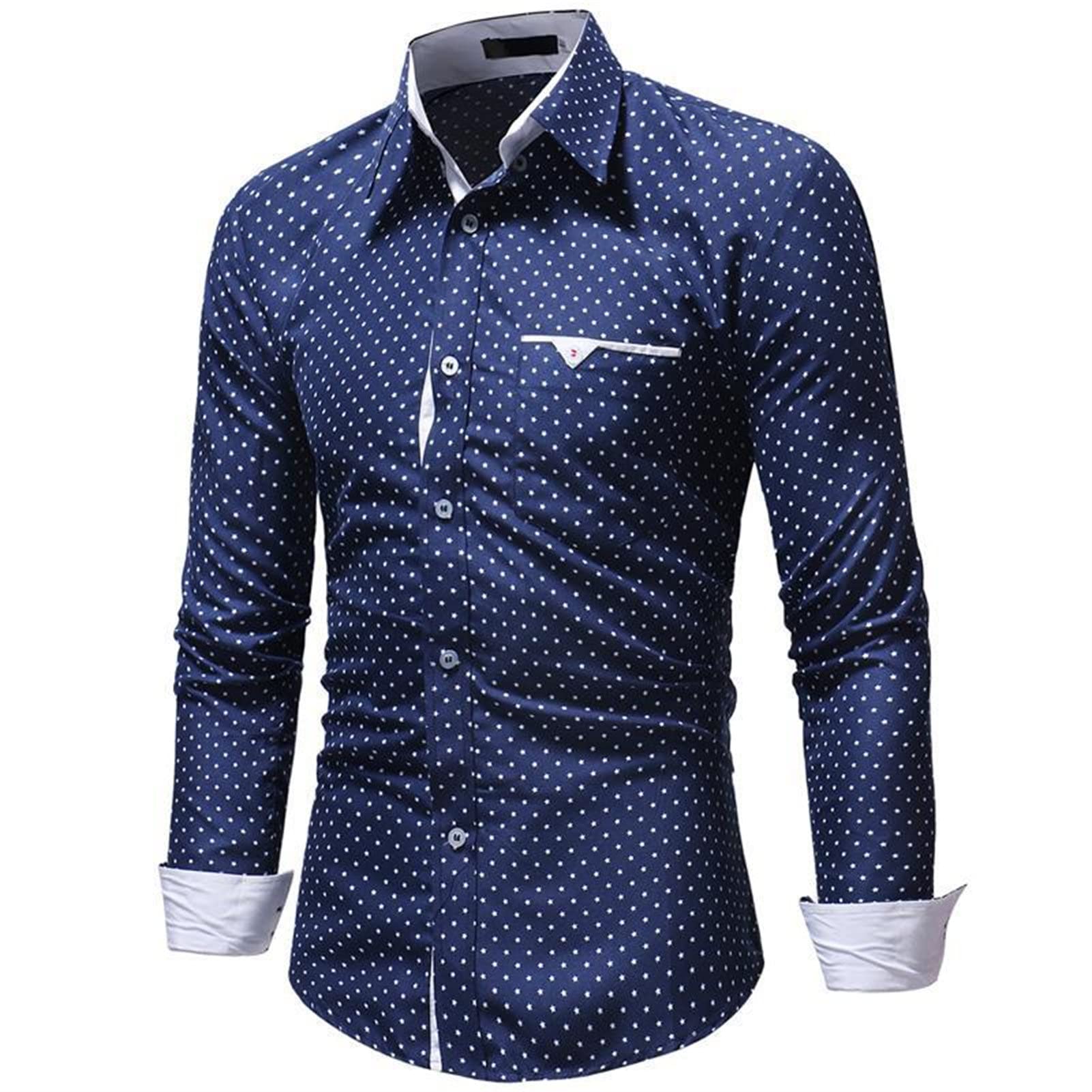 Mens Polka Dots Dress Shirts Casual Classic Printed Long Sleeve Shirt Turn-Down Collar Slim Fit Button Down Shirt (Dark Blue,Medium)