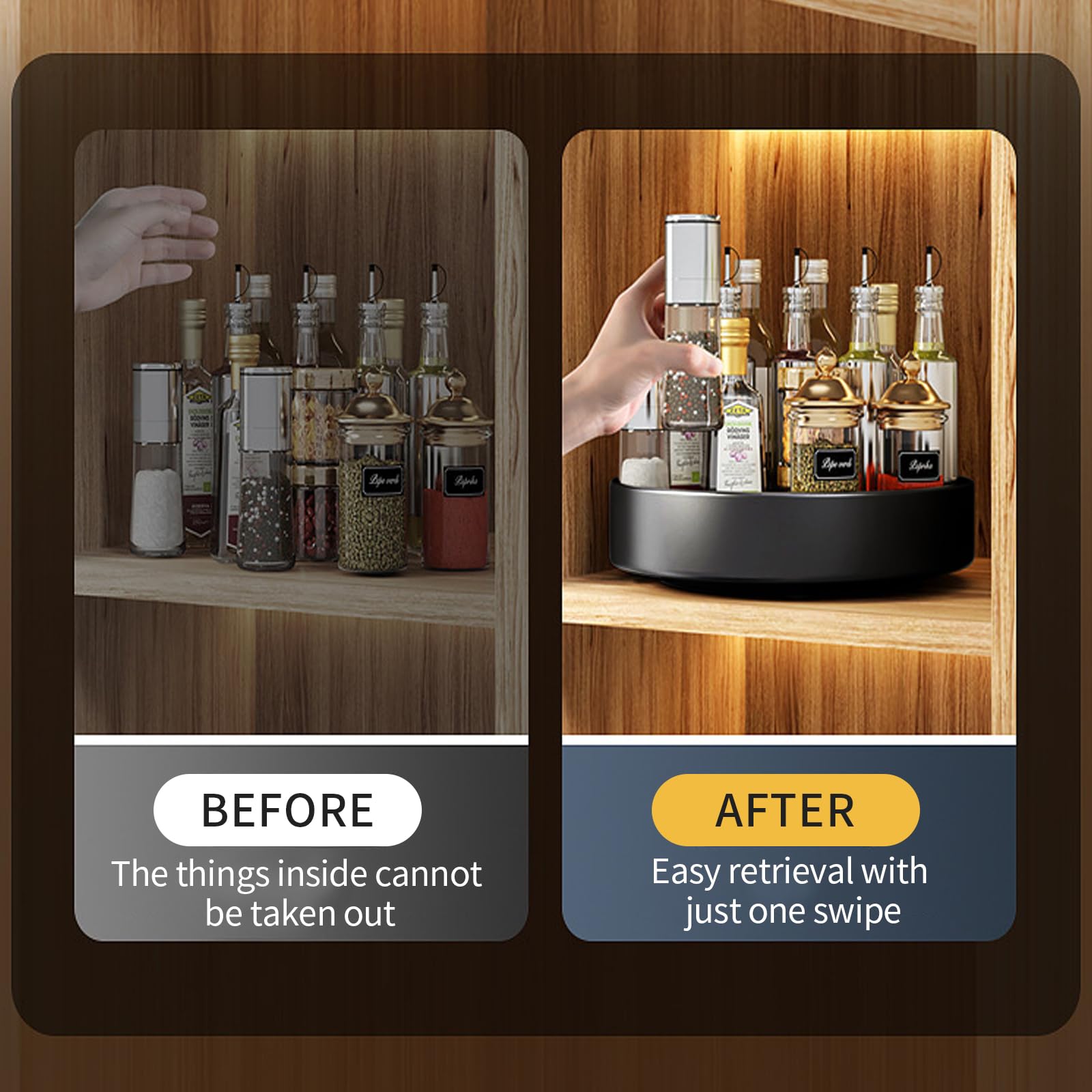 Lazy Susan Drehteller Organizer,30cm Drehbares Gewürzregal aus Kohlenstoffstahl Küchen Drehteller Schrank Organizer für Speisekammer Küche Arbeitsplatte Kühlschrank Tisch Aufbewahrung (Schwarz)