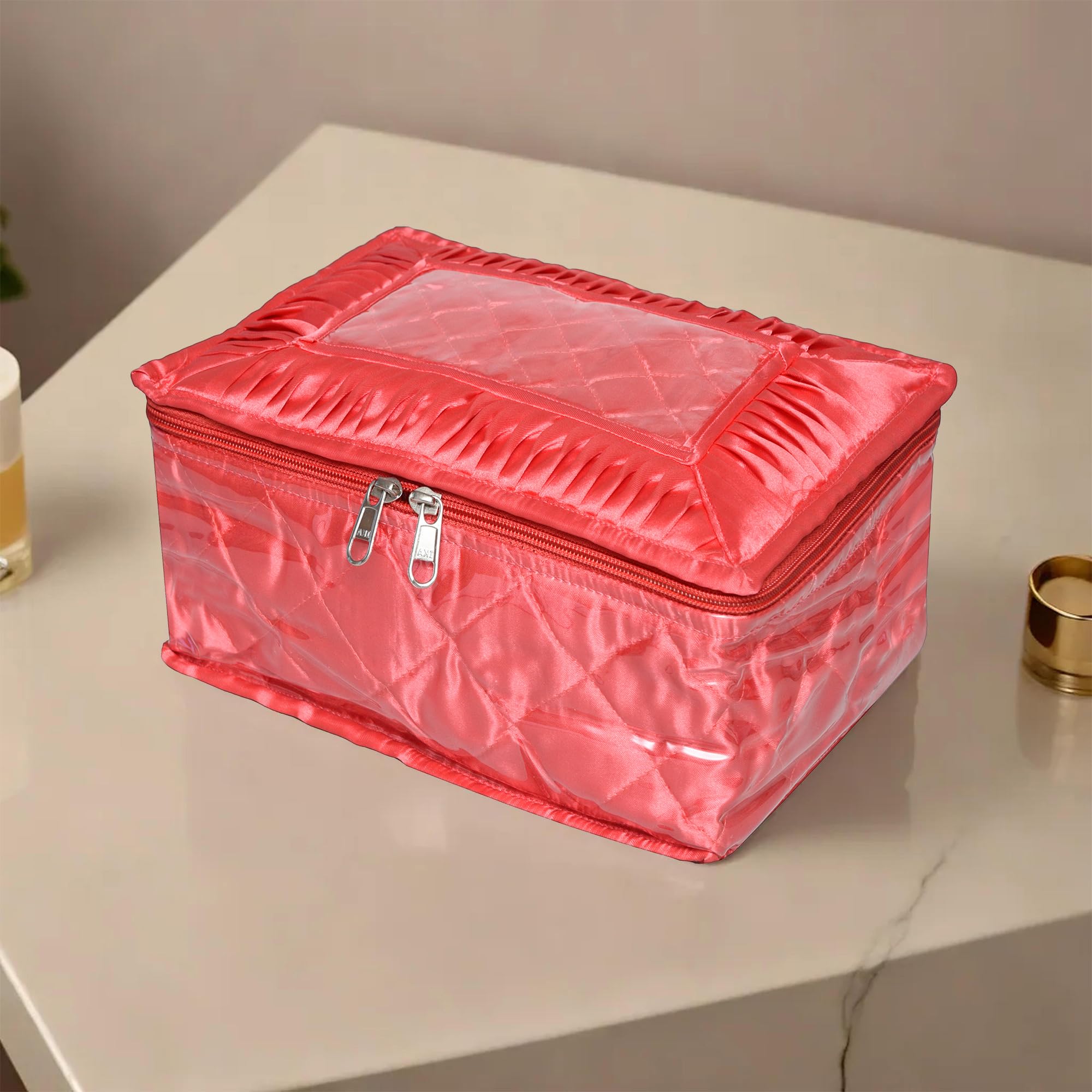 Kuber Industries Makeup Storage Bag | Vanity Organizer | Locker Makeup Kit | Cosmetic Organizer for Travel | 12 Detachable Pouch | Frill Jewellery Organizer | Peach