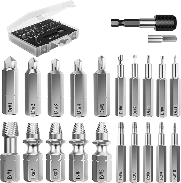 Nuovoware Damaged Screw Extractor Set, 22 PCS Easy Out Stripped Screw Extractor Kit, All-Purpose HSS Broken Screw Remover Set with Magnetic Extension Bit Holder & Socket Adapter