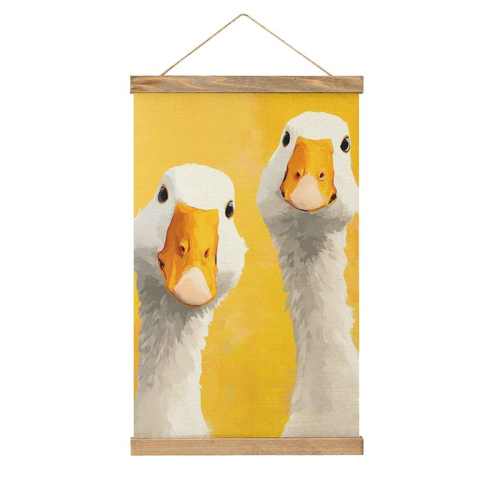 Jubonexis Two Ducks with Long Necks on Yellow Canvas Painting Wood Frames Poster Hanger Hanging Picture Kit Wall Art