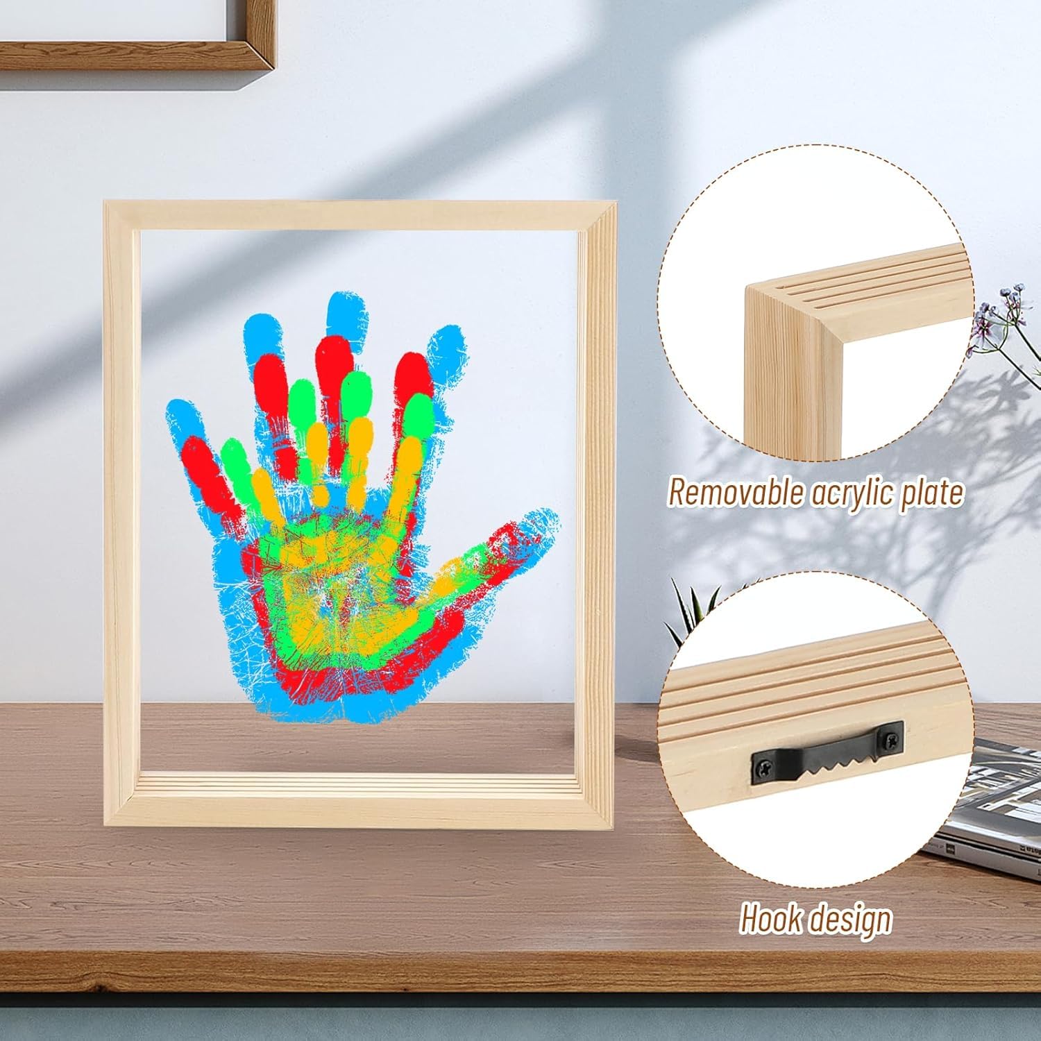 Tapvai Familien Handabdruck Set,mit Platz für 4,Bastel-Fotorahmen aus Holz Handabdruck Set,mit 6 Acrylfarben,für Werdende und Frischgebackene Eltern | aus Holz Handabdruck Set,mit 6 Acrylfarben,für Werdende und Frischgebackene Eltern
