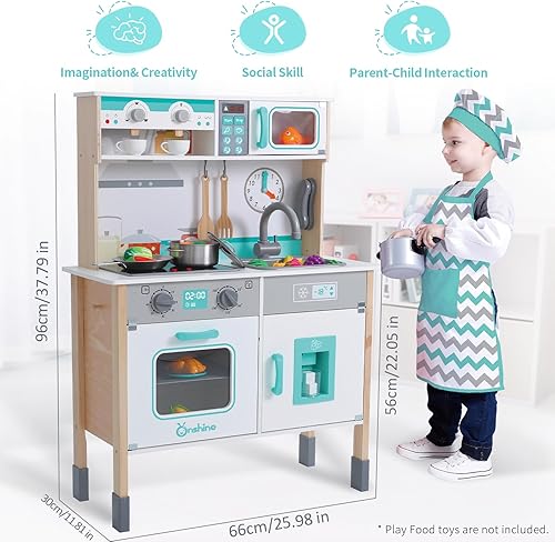 Miniatura 4 de Juego de cocina de madera para niños pequeños, juego de cocina de chef para niños con dispensador de cubitos de hielo, horno, máquina de café,