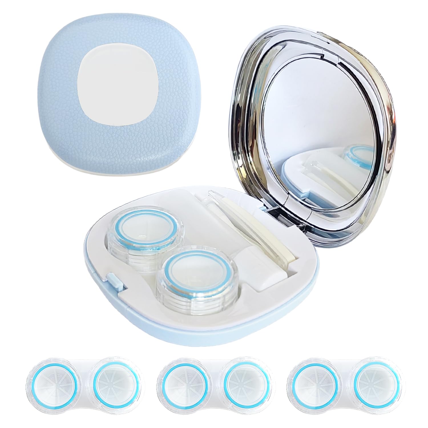 Contact Lens Case Kit with Mirror Durable and 3pcs Extra Solution Soaking Cases for Travel Daily Outdoor Blue