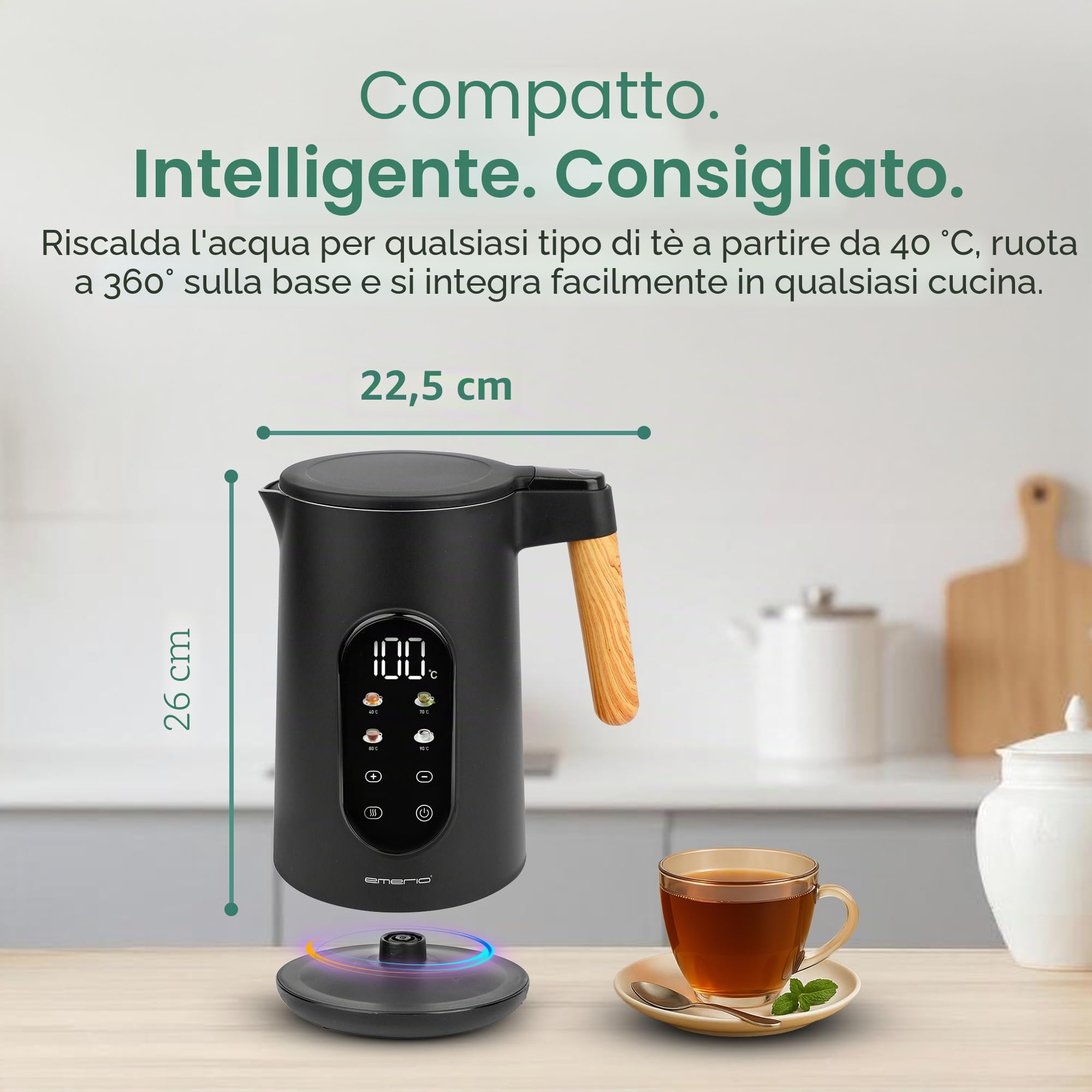EMERIO Bollitore in acciaio inox, 1,7 l, doppia parete isolata, scelta della temperatura 40 – 100 °C in incrementi di 5 °C, display con varietà di tè preprogrammate, senza BPA, 2200 W, spegnimento