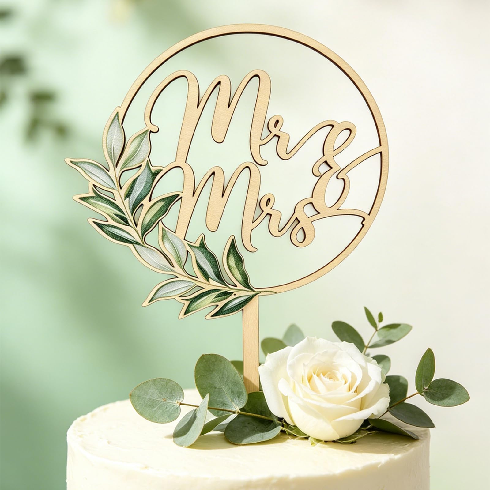 Wedding Cake Topper,Mr & Mrs Cake Topper Greeny Wedding Cake Topper in Wood for Wedding Anniversary Engagement Proposal Party Cake Decoration (Style 1)