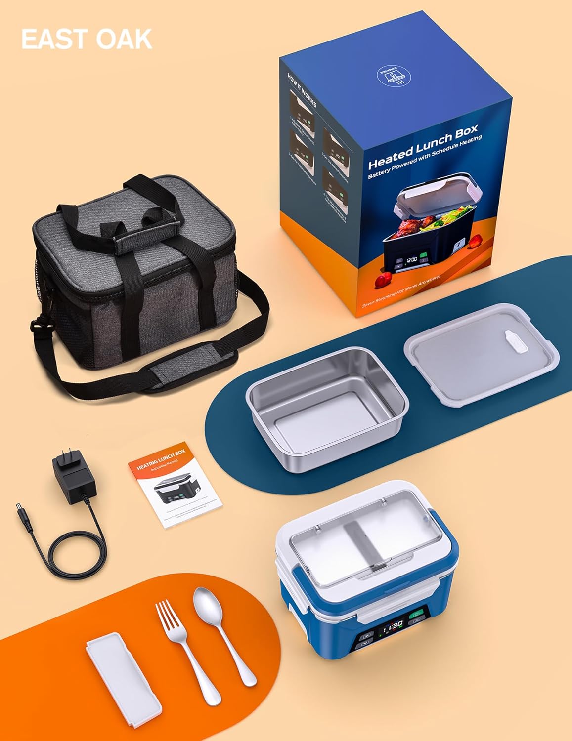 EAST OAK Cordless Electric Lunch Box showing removable tray divider