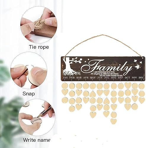 Miniatura 7 de Calendario de cumpleaños familiar, calendario de cumpleaños para colgar en la pared (16 x 5 pulgadas), calendario de madera DIY recordatorio de