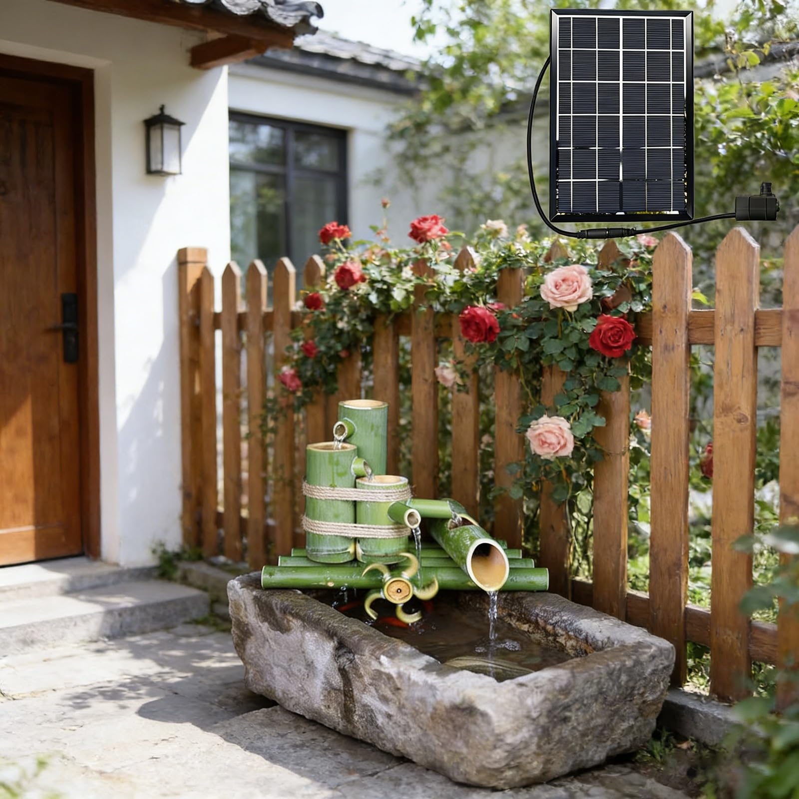 Zestaw bambusowych fontann solarnych, tradycyjna japońska fontanna bujana z pompką, funkcja wody Zen do dekoracji ogrodu