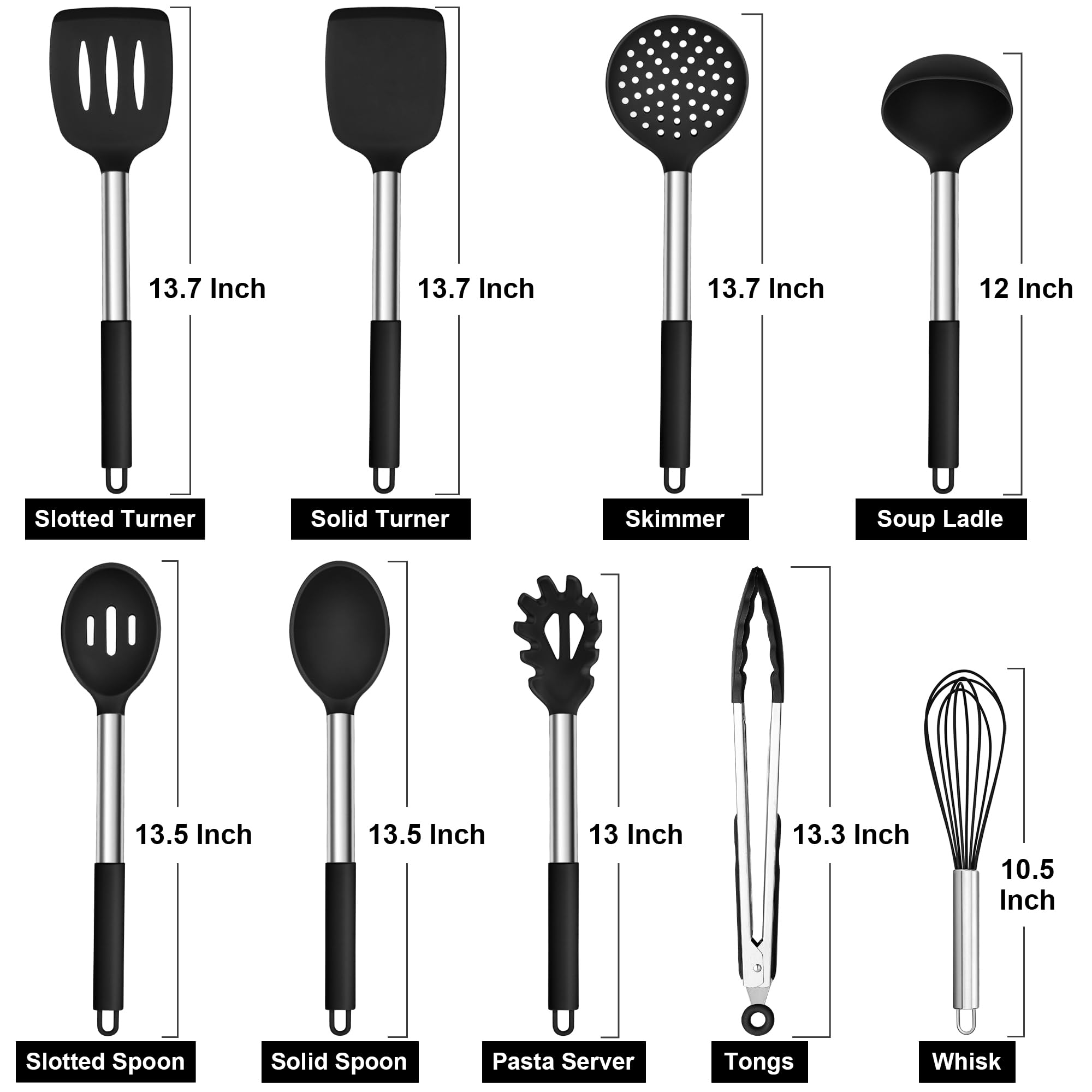 HaWare Silicone Utensils Set, 9-Piece Kitchen Cooking Utensils, Non-stick Heat Resistant Cookware with Stainless Steel Handle, BPA-Free, Dishwasher Safe - Black