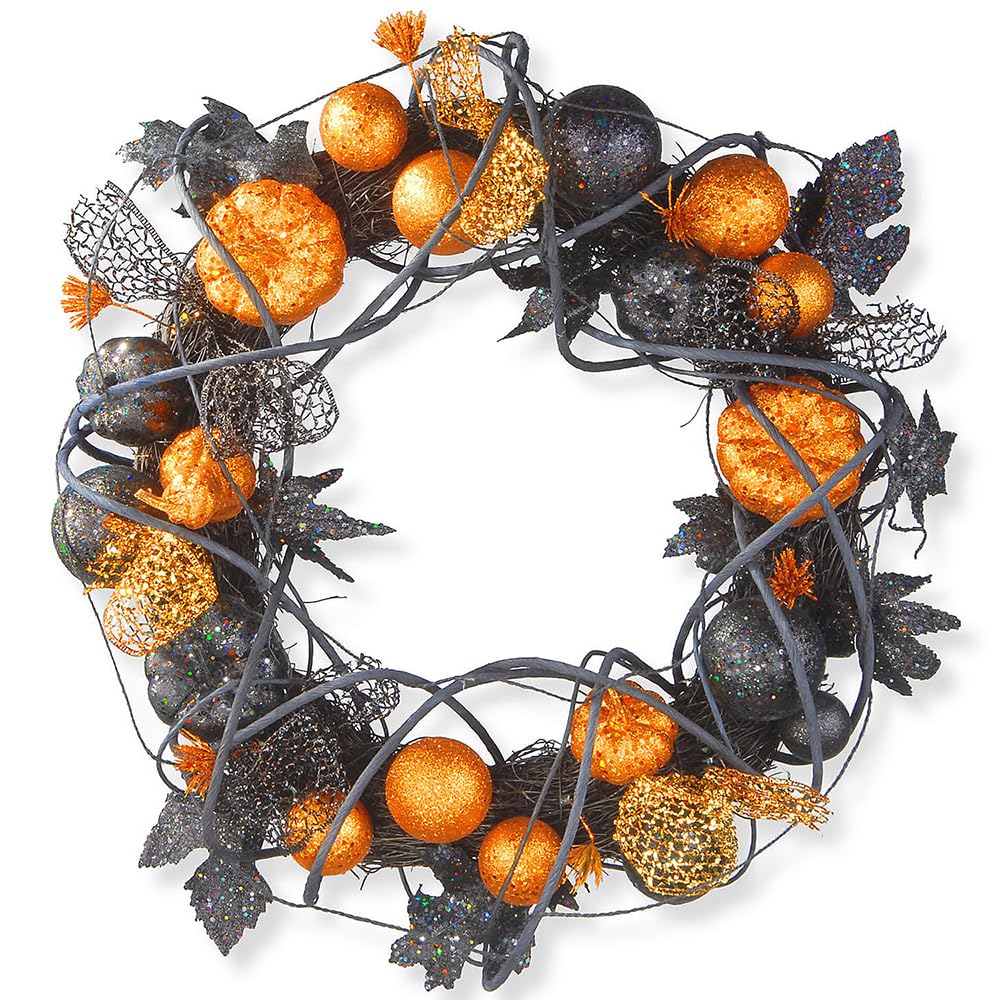 National Tree Company Artificial Halloween Wreath, Decorated with Multicolored Pumpkins, Gourds, Ball Ornaments, Ribbons, Vines, Assorted Leaves, Halloween Collection, 20 inches
