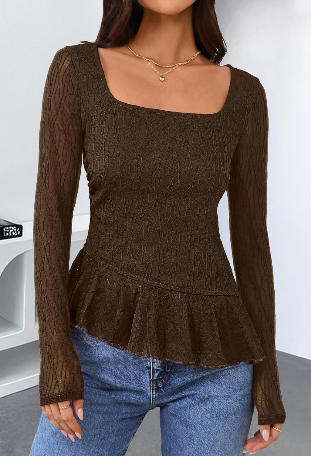 MEROKEETY Women's Long Sleeve Square Neck Tops Ruched Fall Trendy Tee Shirts Asymmetrical Going Out Top - Image 2