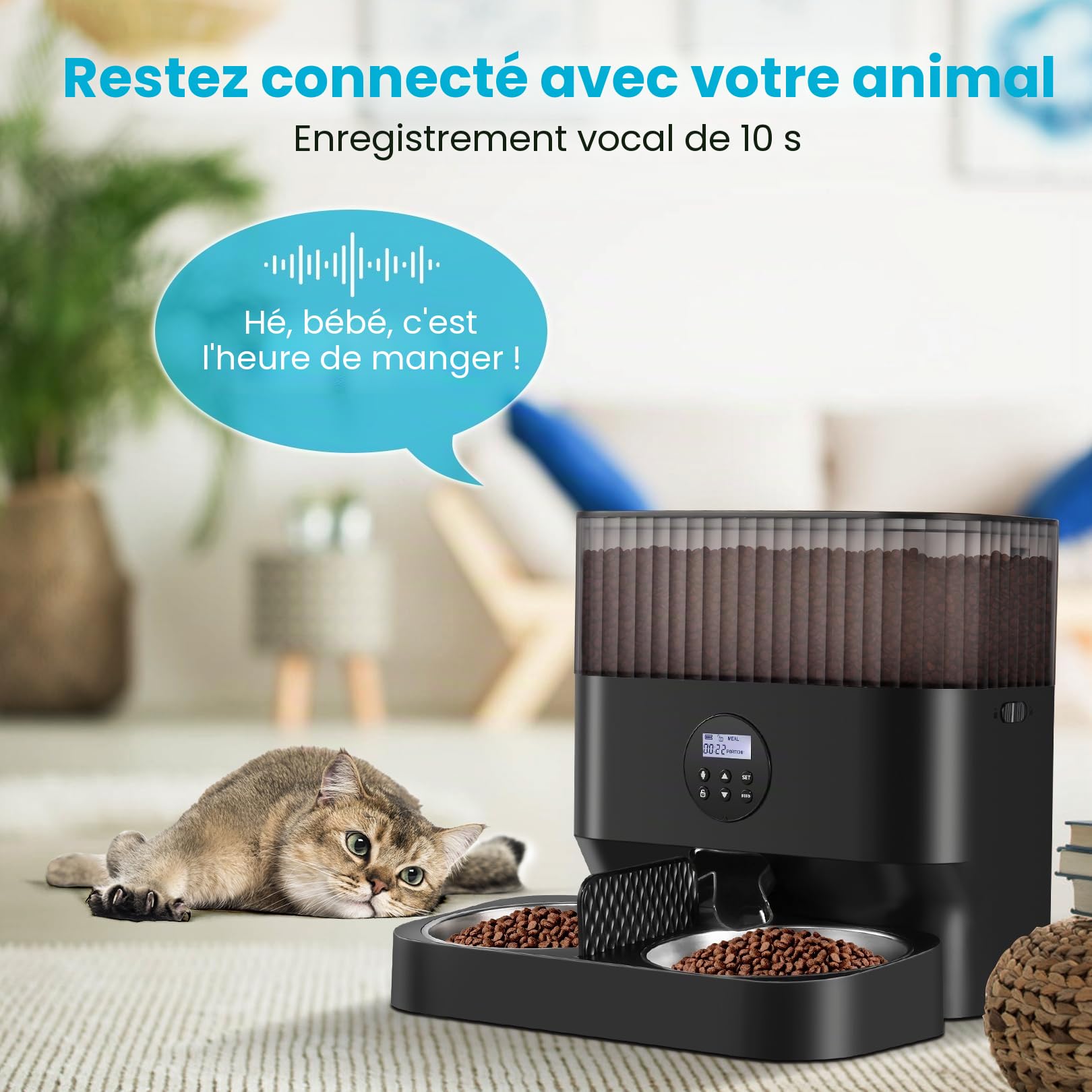 Sailvono5L Distributeur Automatique de Nourriture pour Chat avec 2 Bols en Acier Inoxydable et enregistreur Vocal Noir