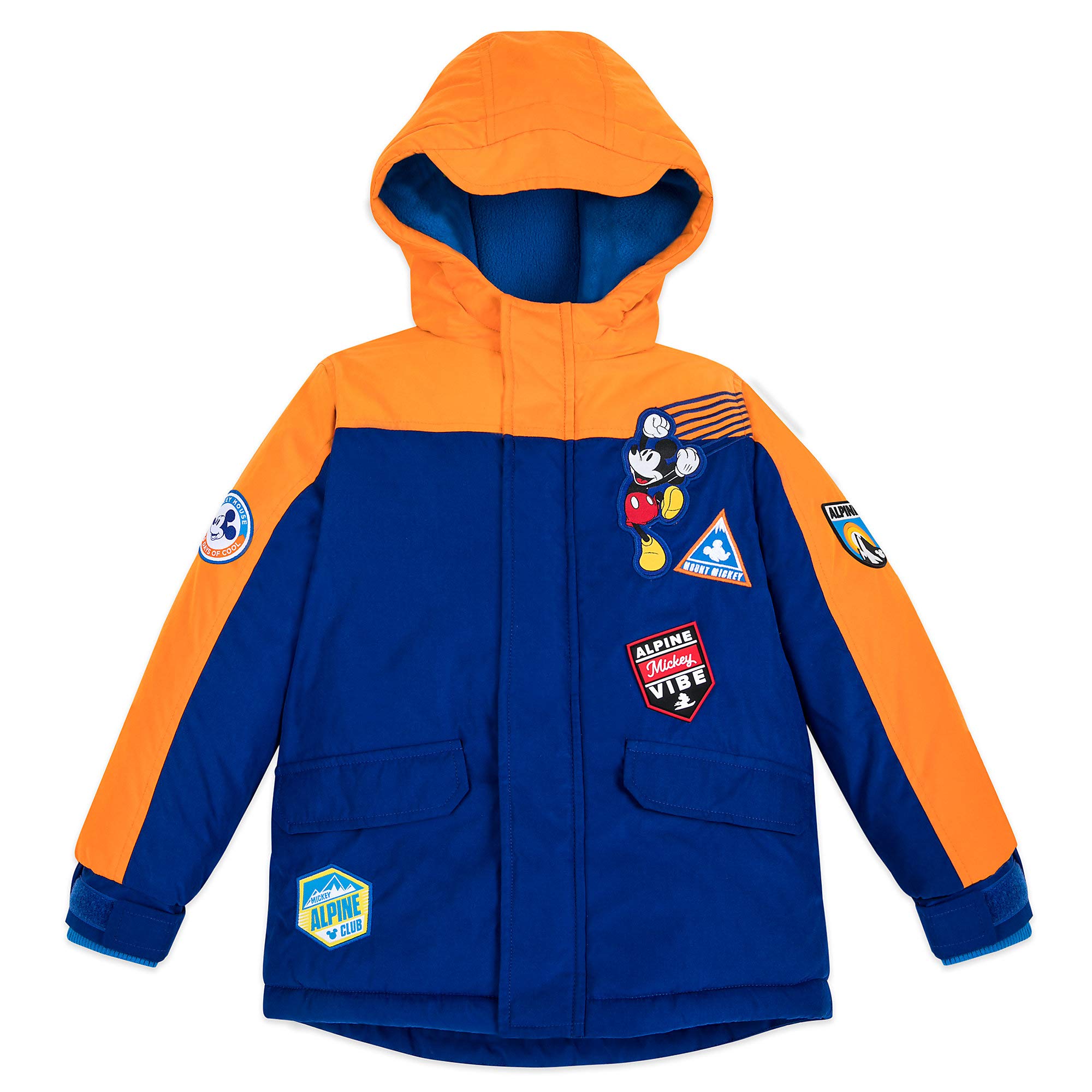 Enrere view of the Disney Mickey Mouse Winter Jacket, featuring a large 'Mount Mickey' graphic and an orange hood.