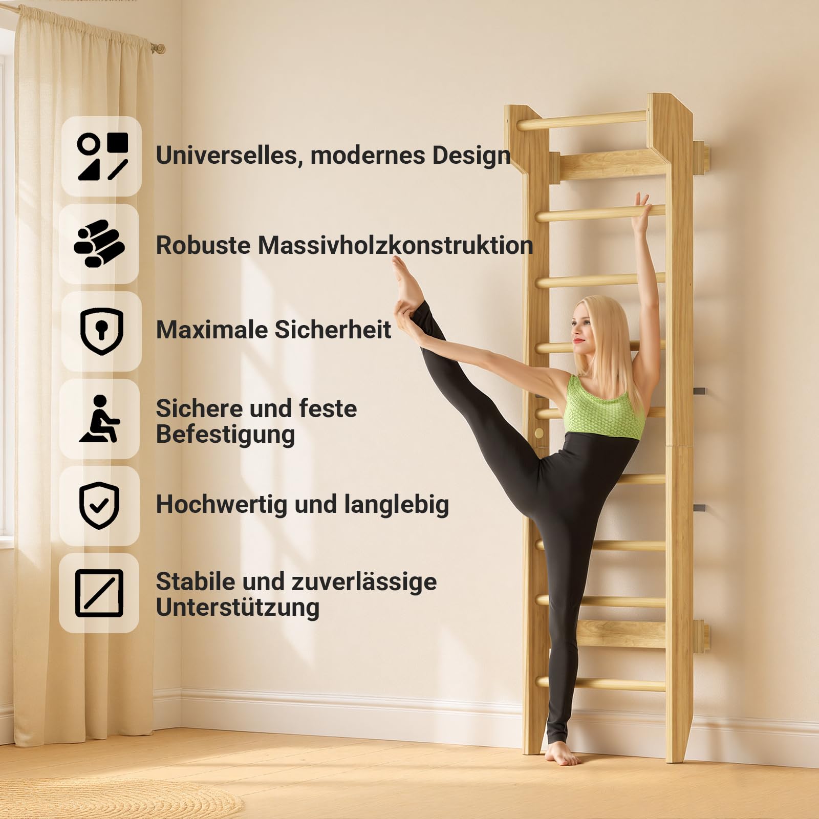 COSYLAND Sprossenwand aus Holz mit Klimmzugstange, Indoor Kletterwand für Kinder & Erwachsene, Turnwand für Kinderzimmer & Fitness, Türrahmen-Montage, Wall Bars