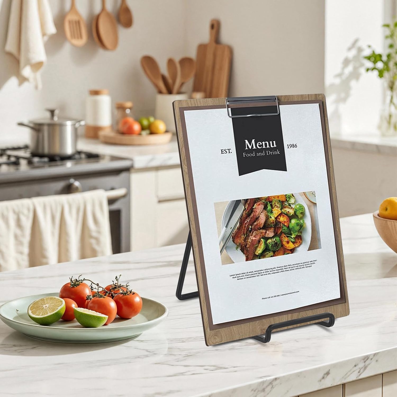 Display stand holding a menu board in a kitchen setting
