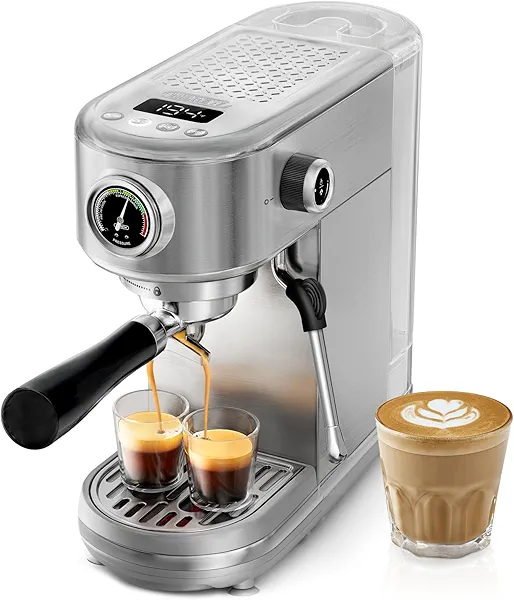 HiBREW Espresso Machine 20 Bar, Semi-Automatic Cappuccino Maker with Milk Frother for Latte Art, Adjustable Temperature & Water Volume, with Display, Pressure Gauge & Stainless Steel Body