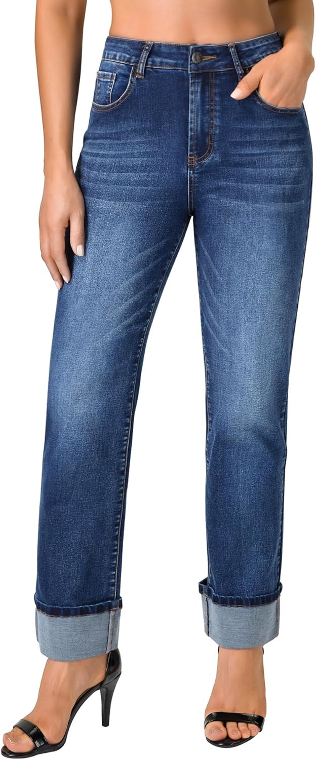 roswear Women’s Straight Leg Jeans High Waisted Boyfriend Stretchy Cuffed Denim Pants