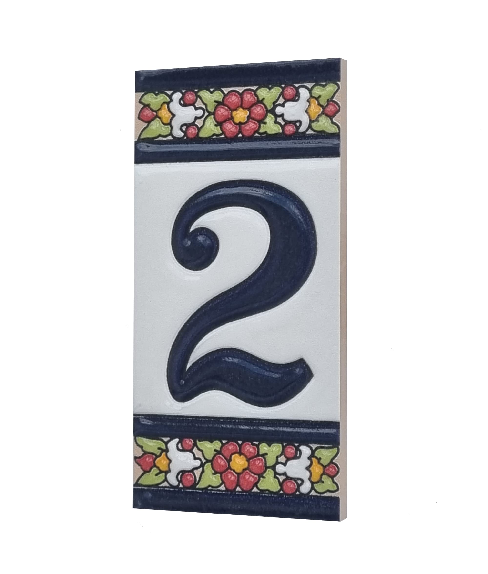 Spanish Floral Designed Ceramic Letter Tiles House Number Tiles and Frames (Number 2)
