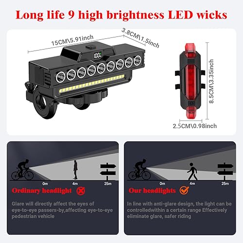 Miniatura 6 de Faro de bicicleta recargable impermeable con bocina, 9 LED y 7 modos, IPX5 impermeable, batería de larga duración con pantalla de alimentación,