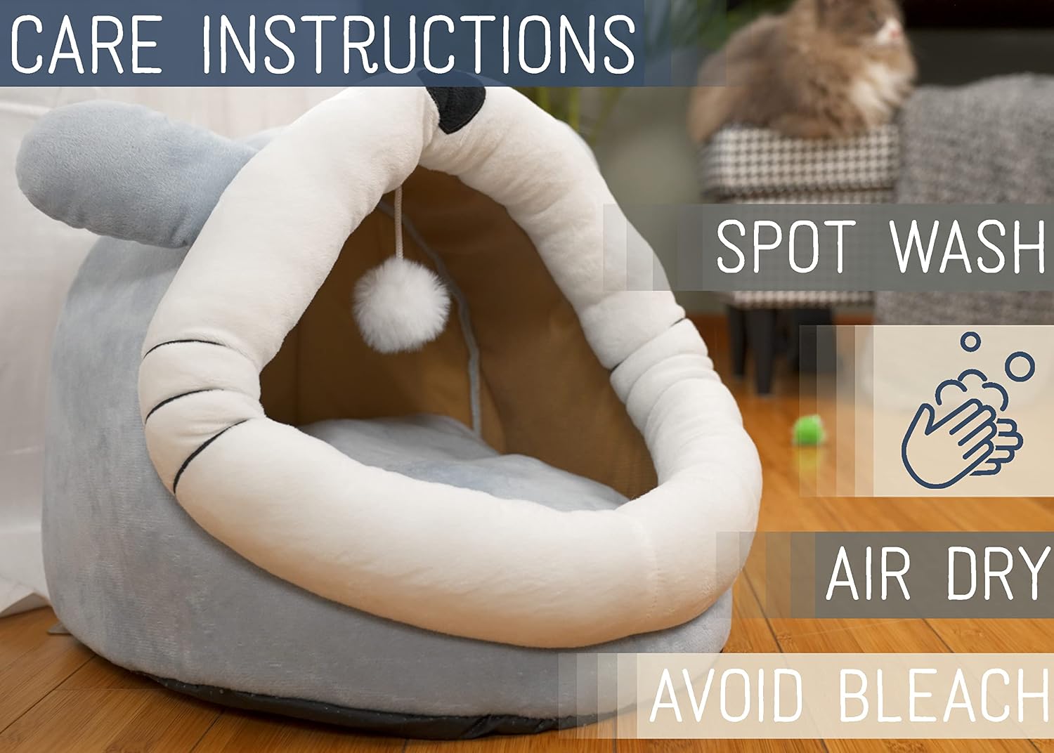 review NAT & Jules Kitty Cat Face 15 inch Plush Fabric Cave Bed with Dangle Toy, Dusty Blue