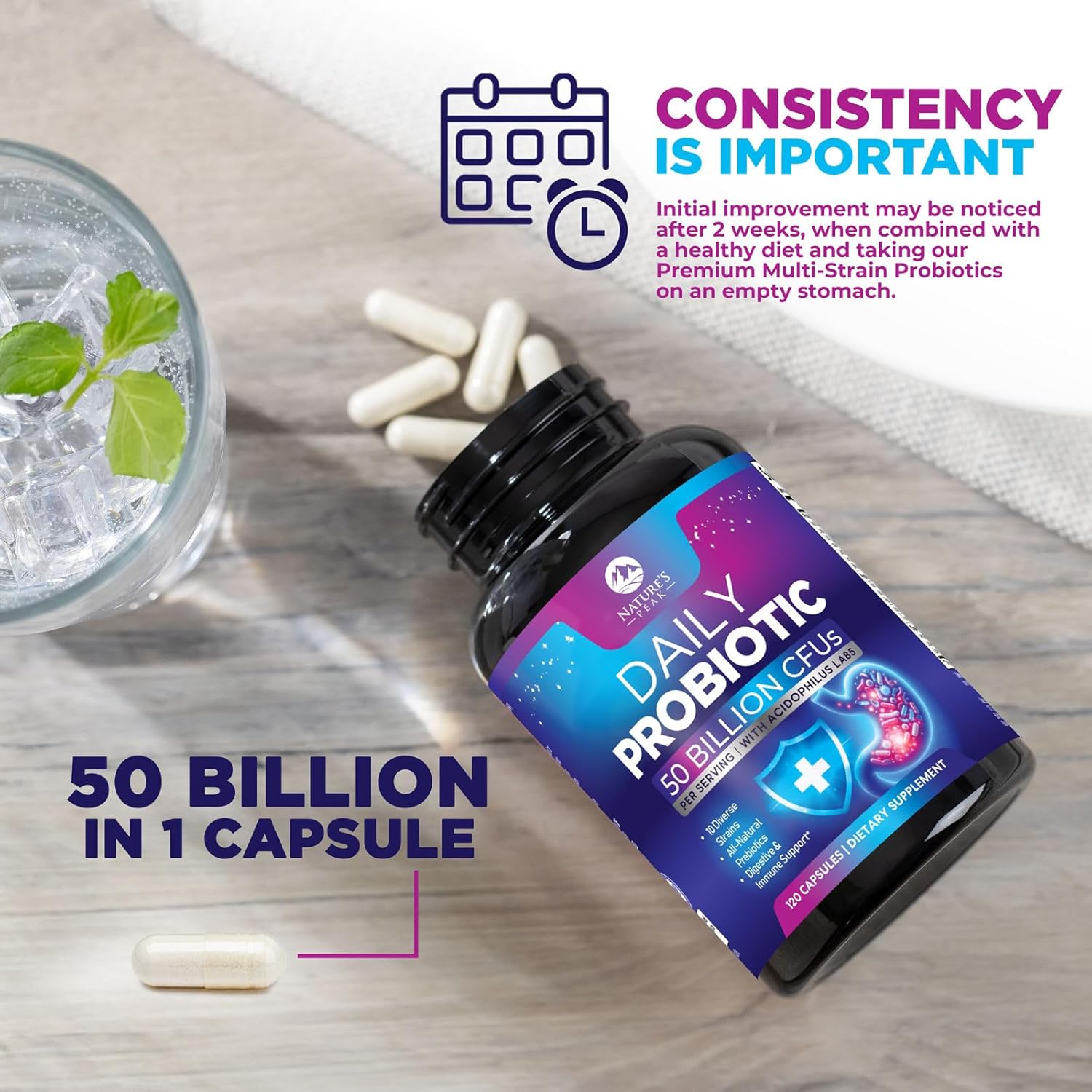 Probiotics 60 Billion CFU - 10 Strains + Digestive Enzymes & Prebiotics - Best Probiotic for Women & Men, Supports Immune, Gut Health, Occasional Constipation, Diarrhea, Gas & Bloating - 120 Capsules - Image 9