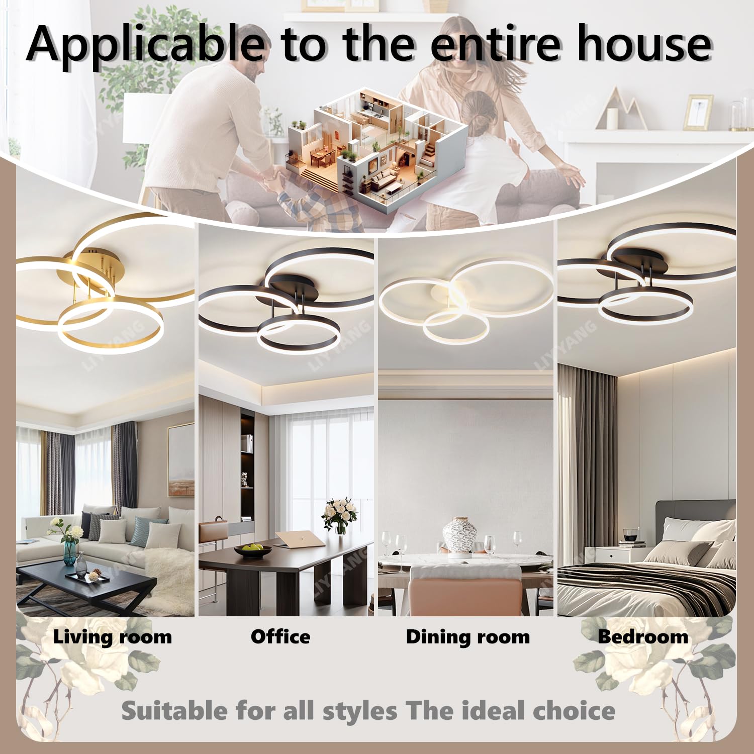 Moderner Led Deckenleuchte Dimmbar Wohnzimmerlampe Verstellbare Runde Deckenlampe mit Fernbedienung 75W 3-Ring Schlafzimmer Decke Licht Bürobeleuchtung für Küche Esszimmer (Gold, L80cm)