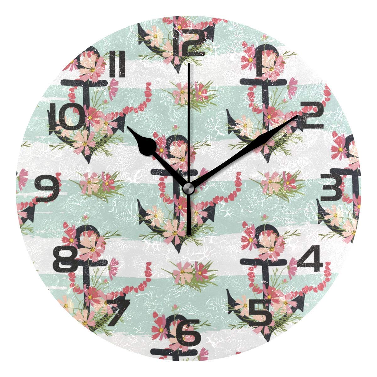 Dozili Ocean Anchor Flower Decorative Wooden Round Wall Clock Arabic Numerals Design Non Ticking Wall Clock Large for Bedrooms, Living Room, Bathroom