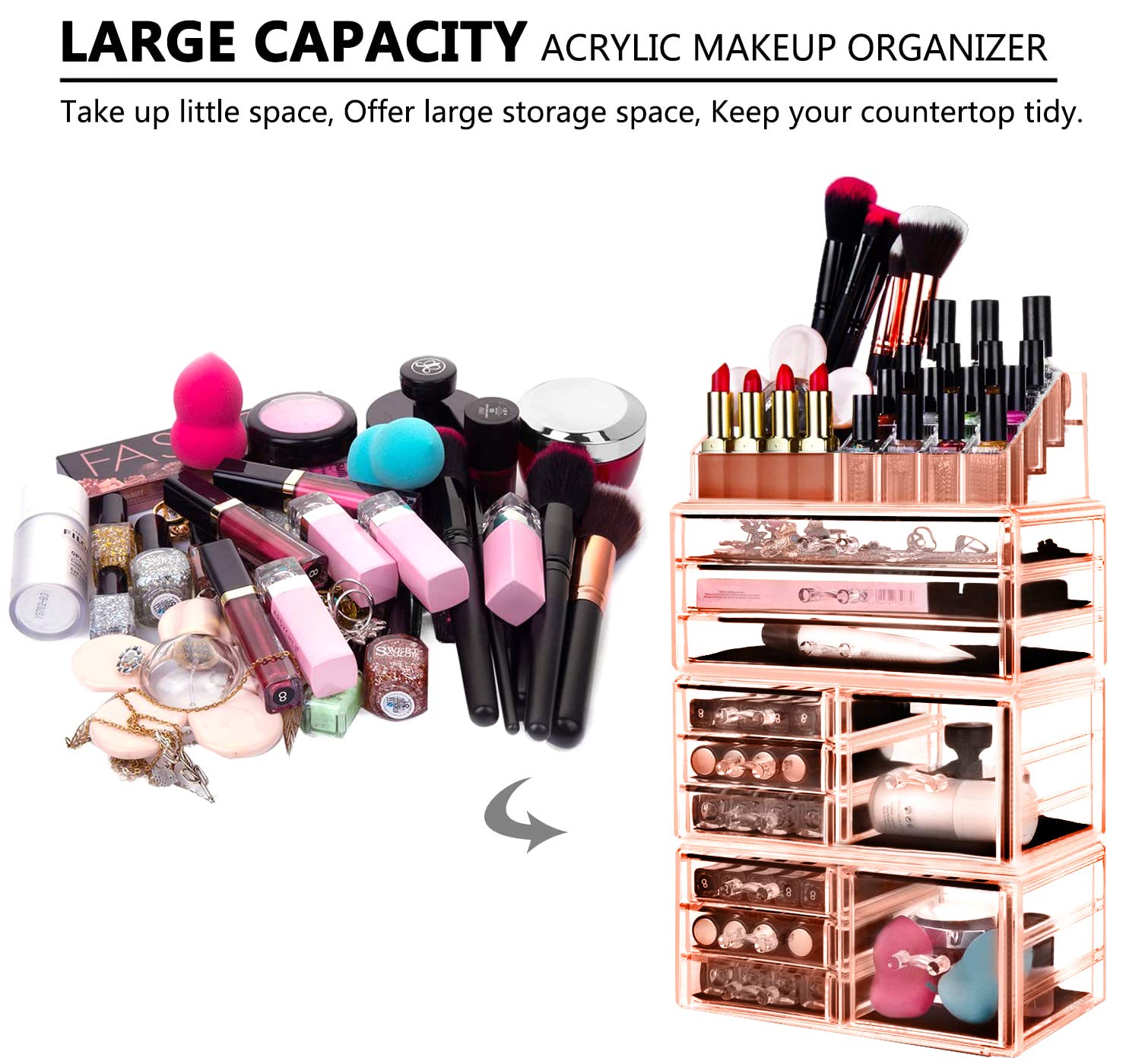 HBlife Makeup Organizer Acrylic Cosmetic Storage Drawers and Jewelry Display Box with 11 Drawers，9.5" x 5.4" x 15.8", 4 Piece, Pink: Beauty