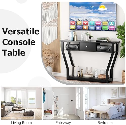 Miniatura 11 de Mesa consola estrecha de 47 pulgadas con cajón, acento de entrada de madera de 3 niveles con estantes abiertos, mesa de sofá multiusos para sala de