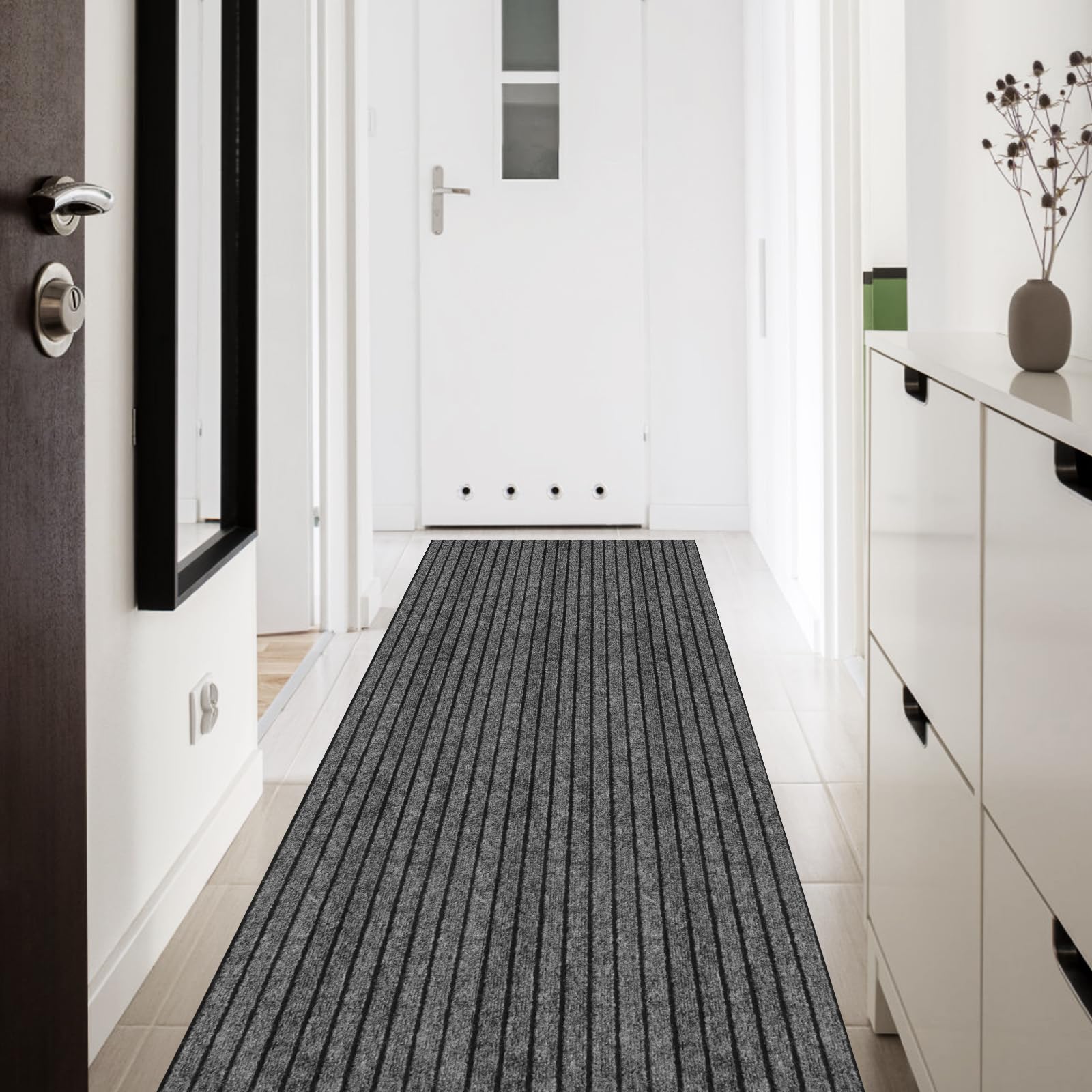 Runner Rug 2' x 6' Outdoor/Indoor, Rug with Natural Rubber Backing Non Slip for Hallway, Kitchen, Patio, Laundry, RV, Entryway, Garage, Bathroom, Area Rug Carpet, Grey Strip, Custom Size