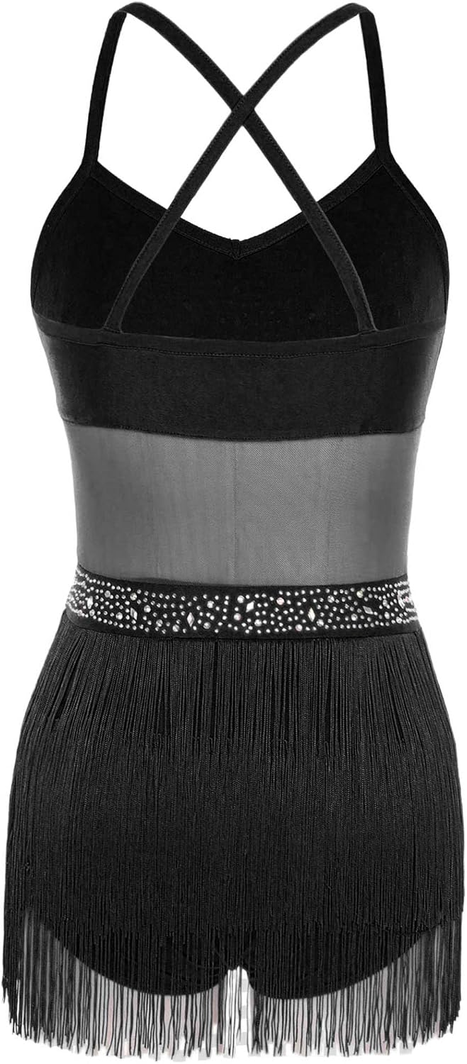 Women Rhinestone Latin Dance Dress Leotards Tango Rumba Salsa Jazz Sleeveless Fringe Bodysuit