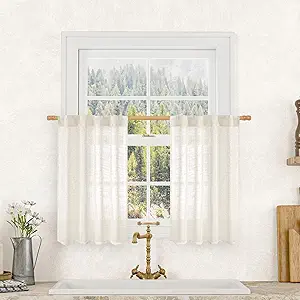 LAMIT Semi Sheer Cream Linen Curtains 36 Inch Length 2 Panels, Light Filtering Panels Back Tab and Rod Pocket Neutral Drapes for Bathroom/Kitchen/Loft Room, 25 x 36 Inch