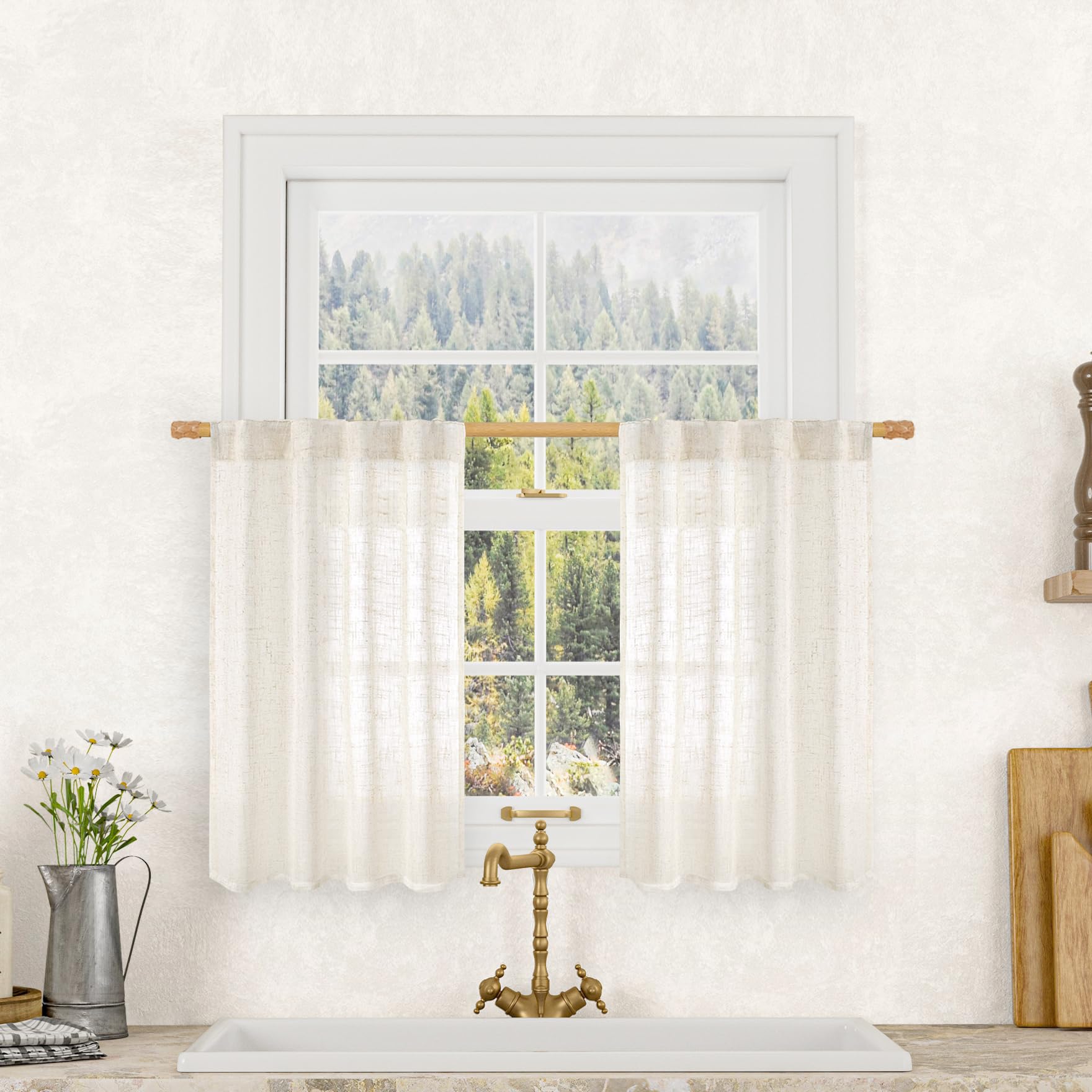LAMIT Semi Sheer Cream Linen Curtains 36 Inch Length 2 Panels, Light Filtering Panels Back Tab and Rod Pocket Neutral Drapes for Bathroom/Kitchen/Loft Room, 25 x 36 Inch
