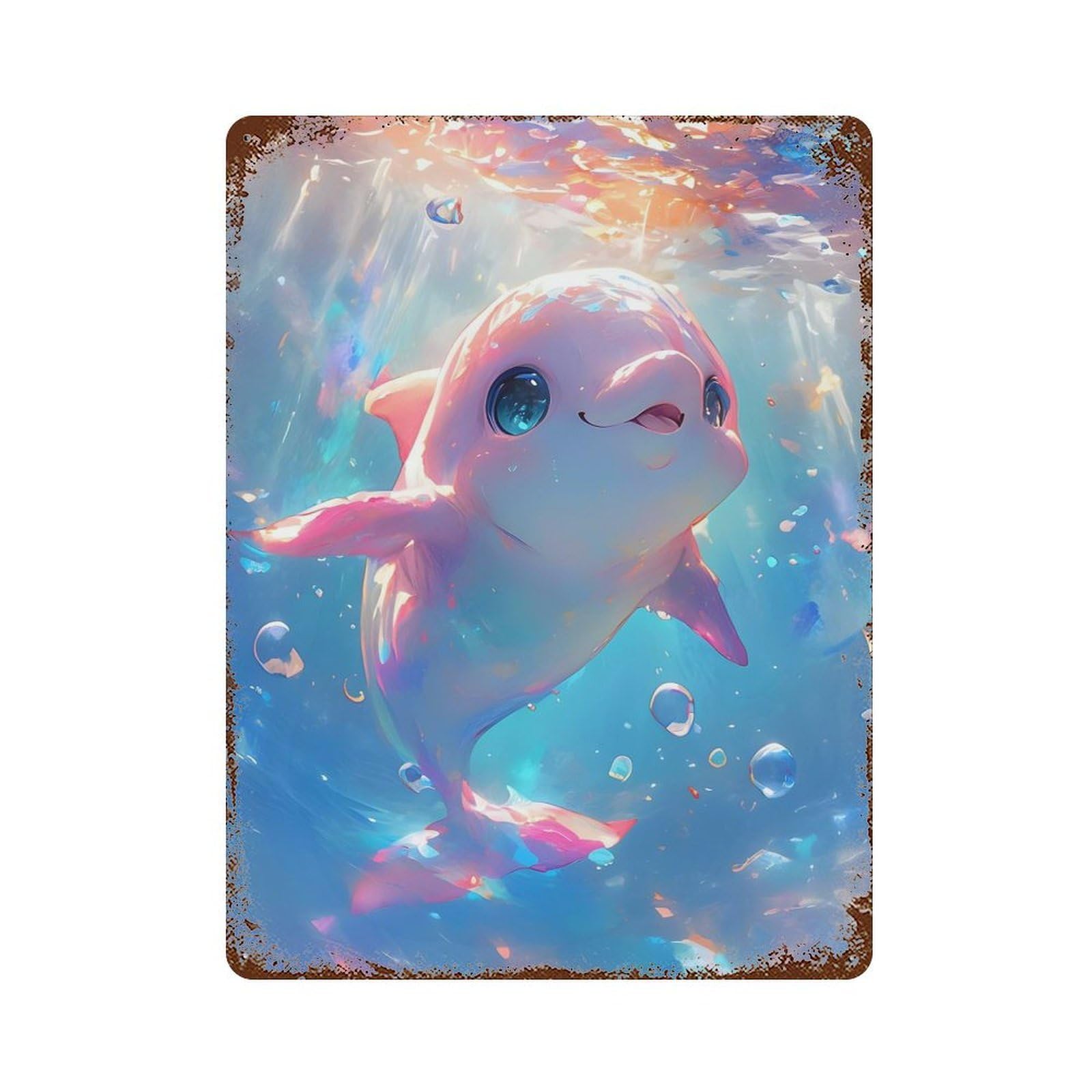 Rust Effect Cute Pink Dolphin Underwater Vintage Rust Metal Sign 15.7"x11.8", Rustic Home Decor for Farmhouse, Kitchen And Entryway Decor
