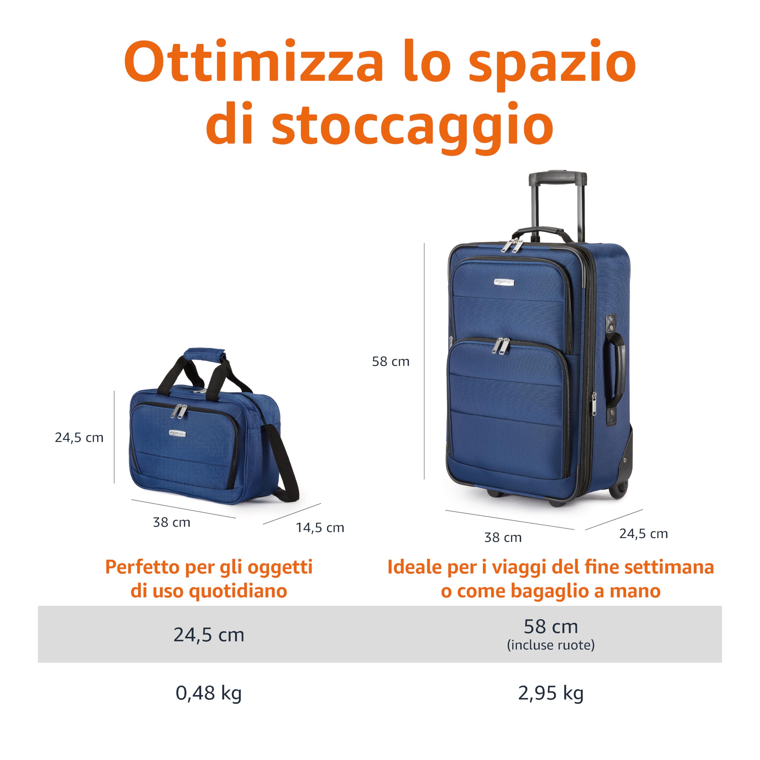 Amazon Basics Set di 2 Bagagli Impilabili, Valigia Espandibile (58 cm) e Borsa in Tessuto (25 cm), Leggeri, 100% Poliestere, Blu Scuro
